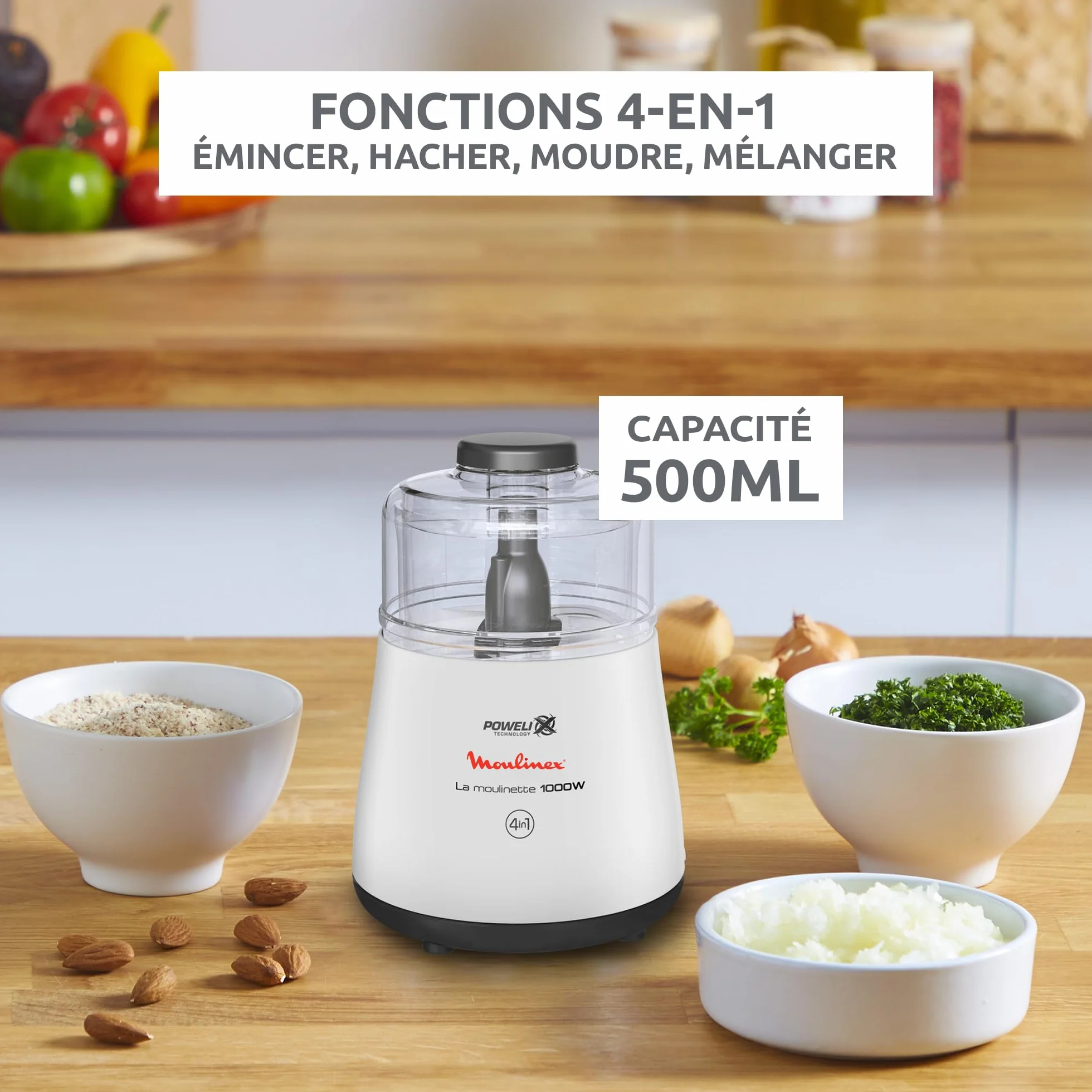 Moulinex Hachoir électrique, 1000 W, Hache, Mixe, Viande, Légumes, Herbes, Ails, Oignons, Fruits secs, Fabriqué en France, La Moulinette, Blanc DPA141