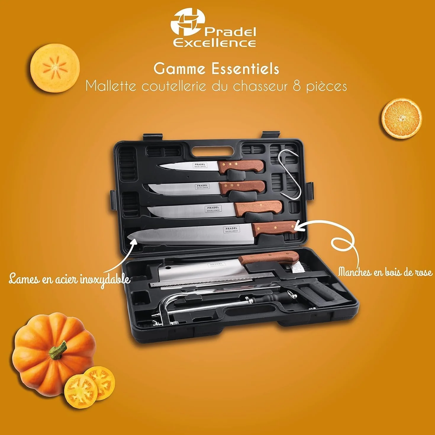 Pradel Excellence - PCOT001008 - Mallette Couteaux de Chasse 8 Pièces - 4 Couteaux + 1 Couperet + 1 Scie + 1 Crochet + 1 Fusil d’Affûtage - Lames Inox - Manches Rivetés en Bois de Rose
