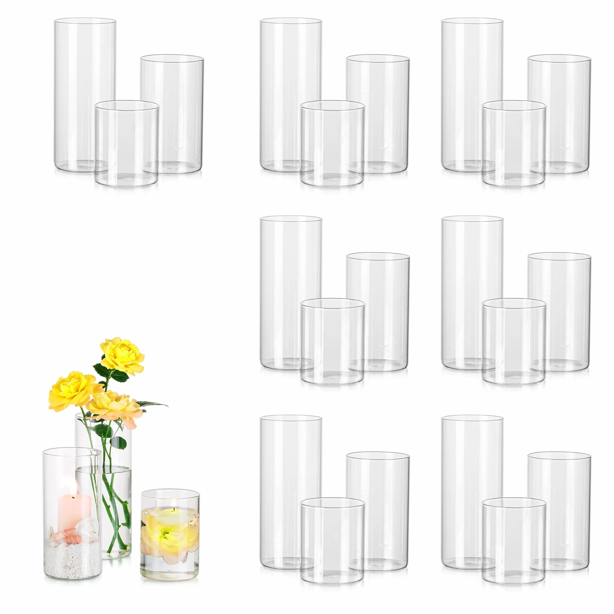 Hewory Vases Cylindriques en Verre Lot de 24, Grand Vase en Verre Transparent pour Fleurs, Support de Bougie pour Bougie Pilier Flottante, Vase à Fleurs pour Centre de Table pour Mariage, Décoration