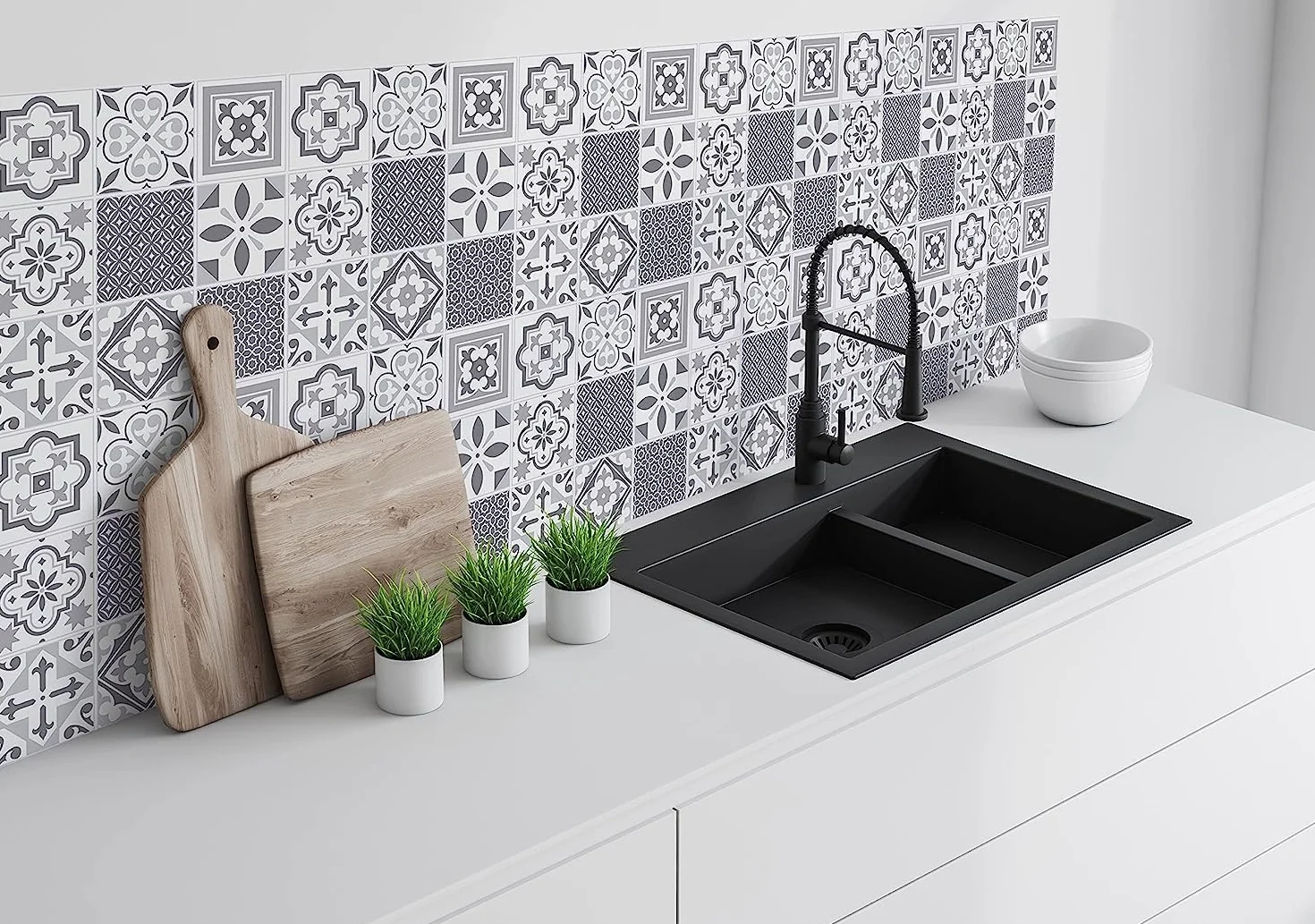 d-c-fix Oriental Tuile Dalles Murales Adhésives Lot de 6 33x33 cm Carrelage Adhésif Cuisine Salle de Bain Gris Crédence Adhésive Étanche Décoratif
