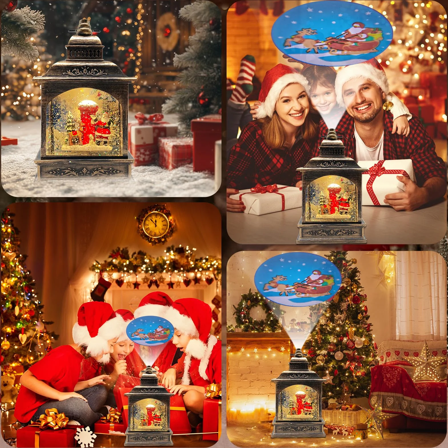 Lanterne Boule à Neige de Noël, illuminée et Musicale avec minuterie, Lanterne rotative du Père avec Projection, décoration de Scintillante, Cadeau (Père Noël + boîte aux Lettres)