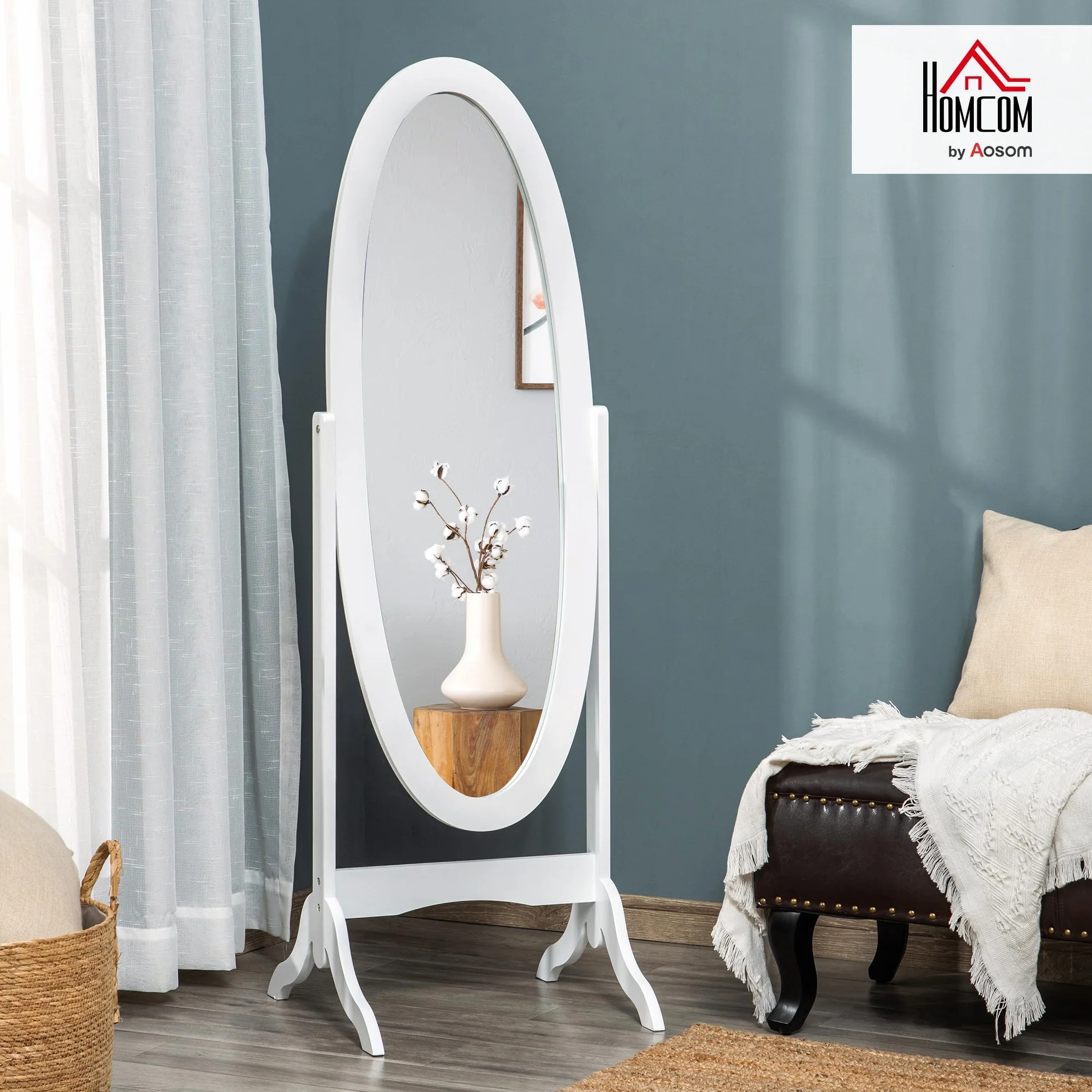 HOMCOM Miroir à Pied Ovale Style Shabby Chic Inclinable 48x46x147 cm MDF Blanc