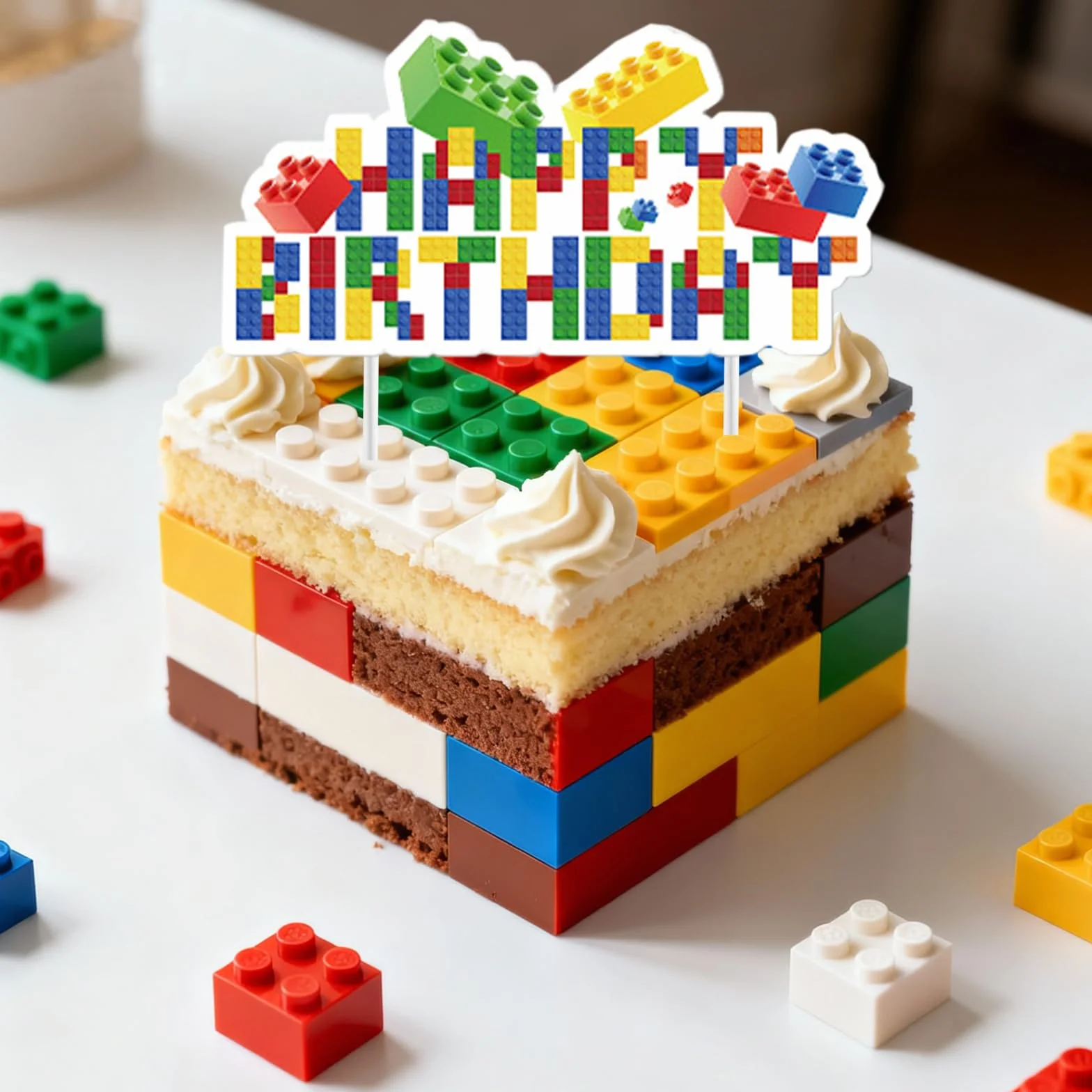 Guirlande Happy Birthday Briques de construction Décoration de fête suspendre Spirale Drapeau tirer Bannière