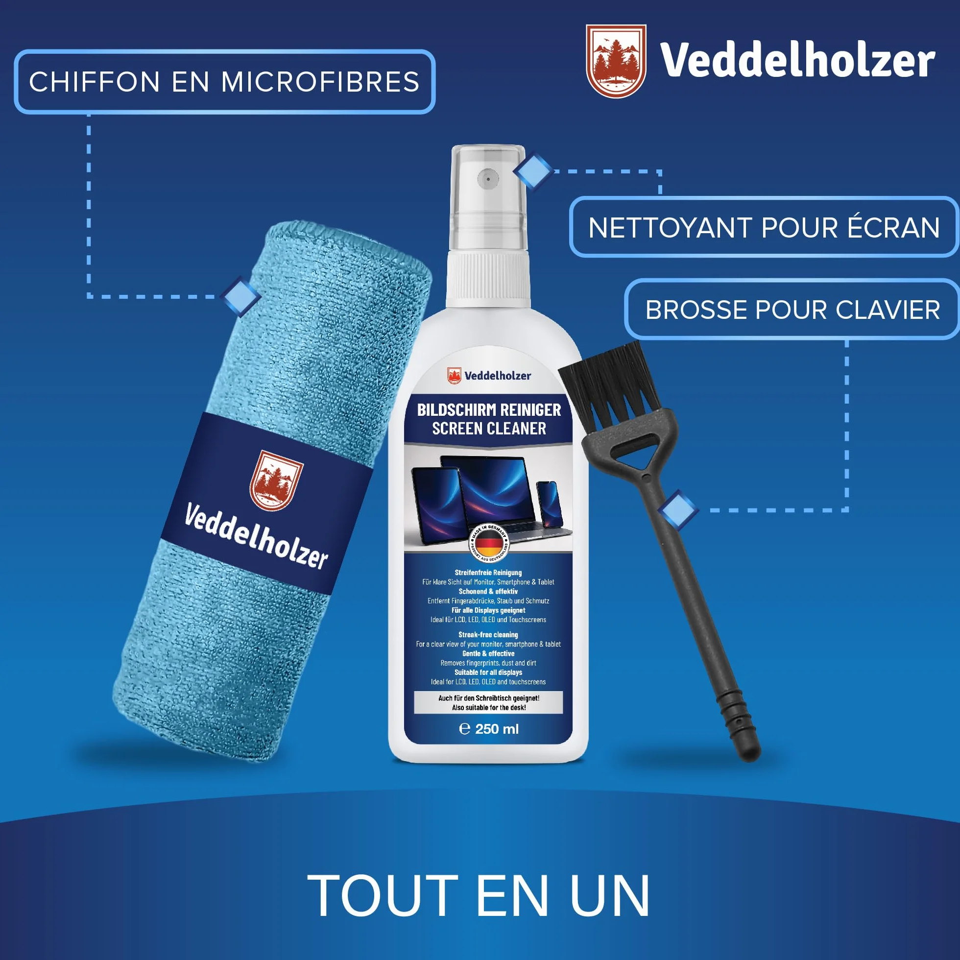Veddelholzer Kit de Nettoyage pour écrans 250 ML avec Chiffon en Microfibre et Pinceau