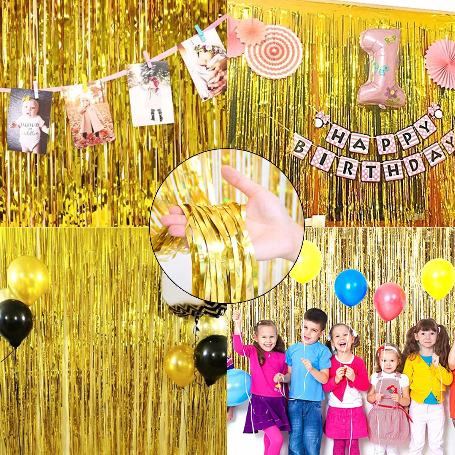 Rideau Métallique Tinsel Or, Rideaux à Franges en Aluminium pour Porte Fenêtre, Décoration Anniversaire Fond de Photos