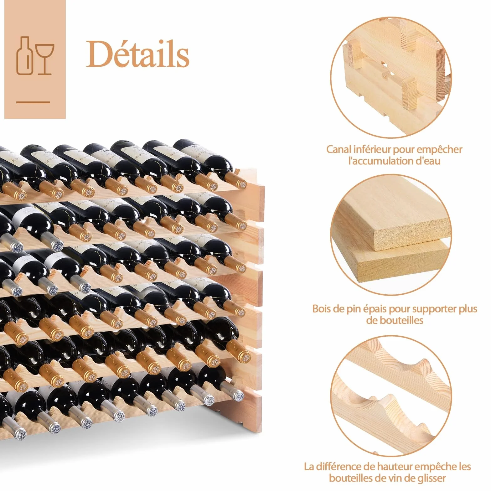 COSTWAY Casier à Bouteilles pour 72 Bouteilles, Étagère à Vin en Bois de Pin, Porte-Bouteilles à 6 Niveaux Modulable et Extensible, Range Bouteille Robustes pour Cave, Cuisine, Bars, Naturel