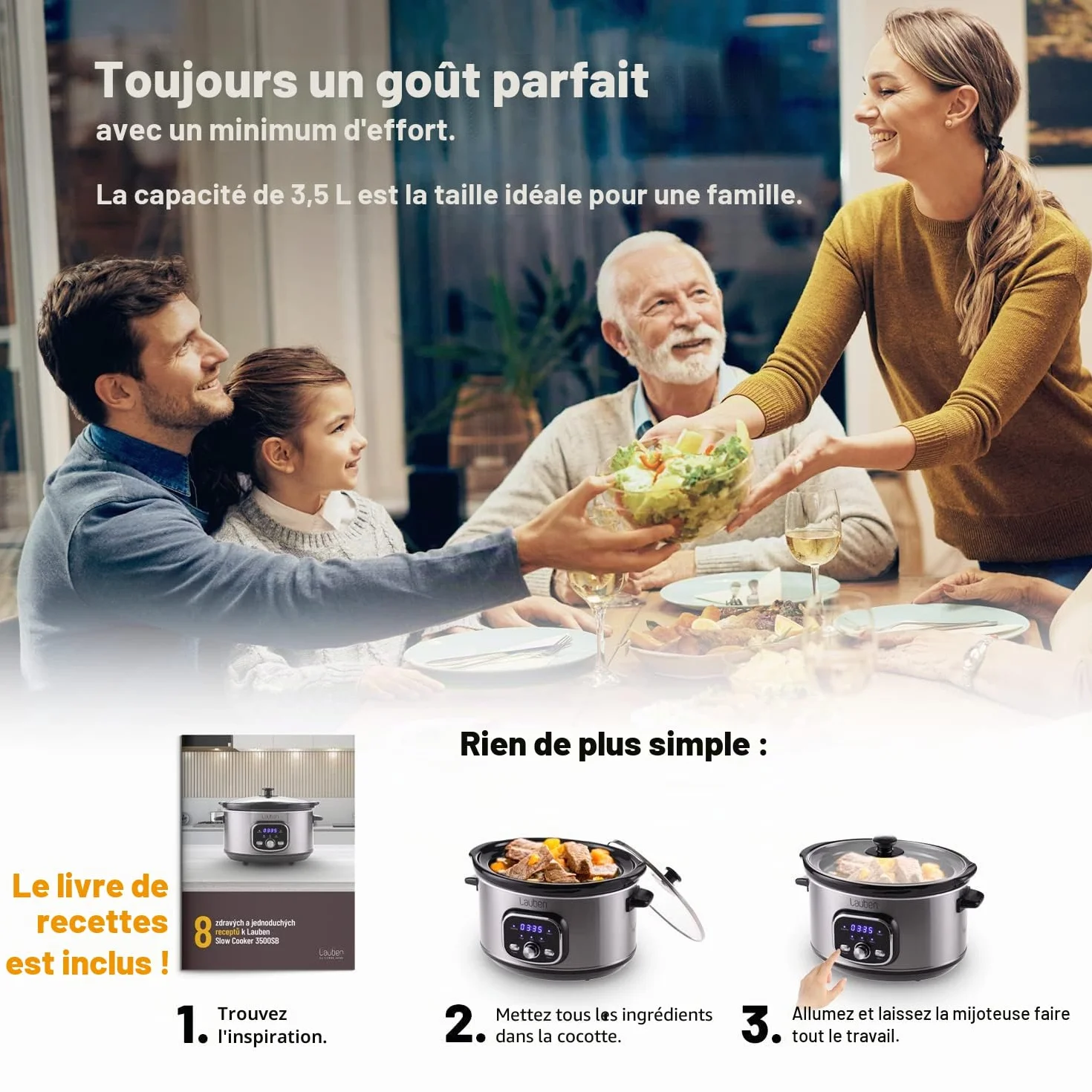 Lauben Mijoteuse 3500SB avec technologie Thermeffect®, technologie SlowHeat®, livre de cuisine, récipient intérieur en céramique, deux niveaux de température, réglage manuel de l'heure, 3,5 l