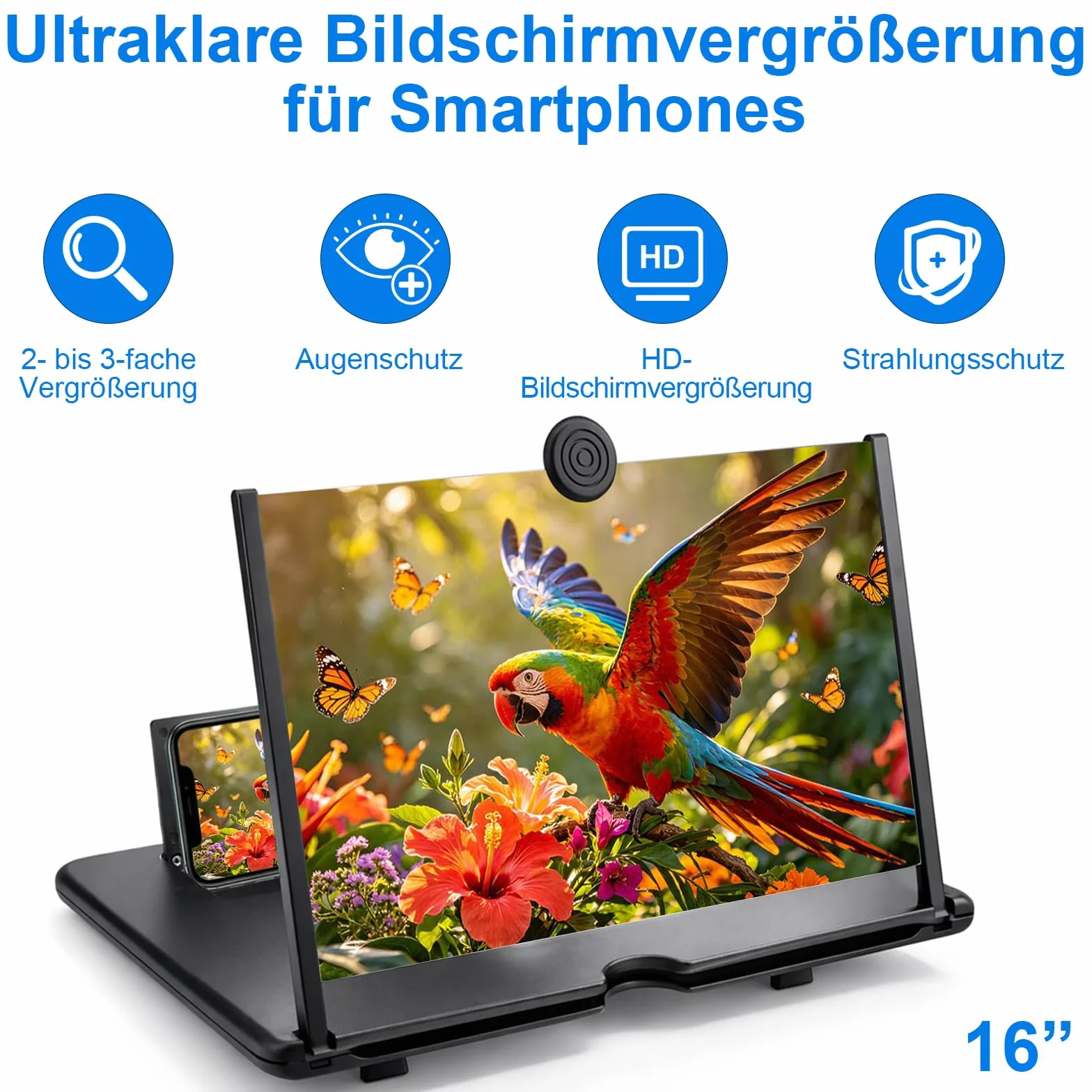 Lupa do ekranu telefonu komórkowego 16 cali, ekran powiększający do telefonu komórkowego, HD z podstawką, lupa z ochroną przed niebieskim światłem do filmów i gier, prezent dla osób starszych i dzieci