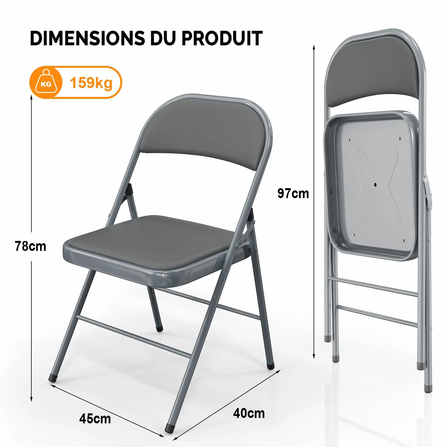Bonnlo Lot de 6 Chaises Pliantes avec Assie en PU, Empilables et Portables, avec Structure en Fer Supportant Jusqu'à 158 kg, Idéales pour la Maison, le Bureau, les événements ＆ les Fêtes (6, Gris, PU)