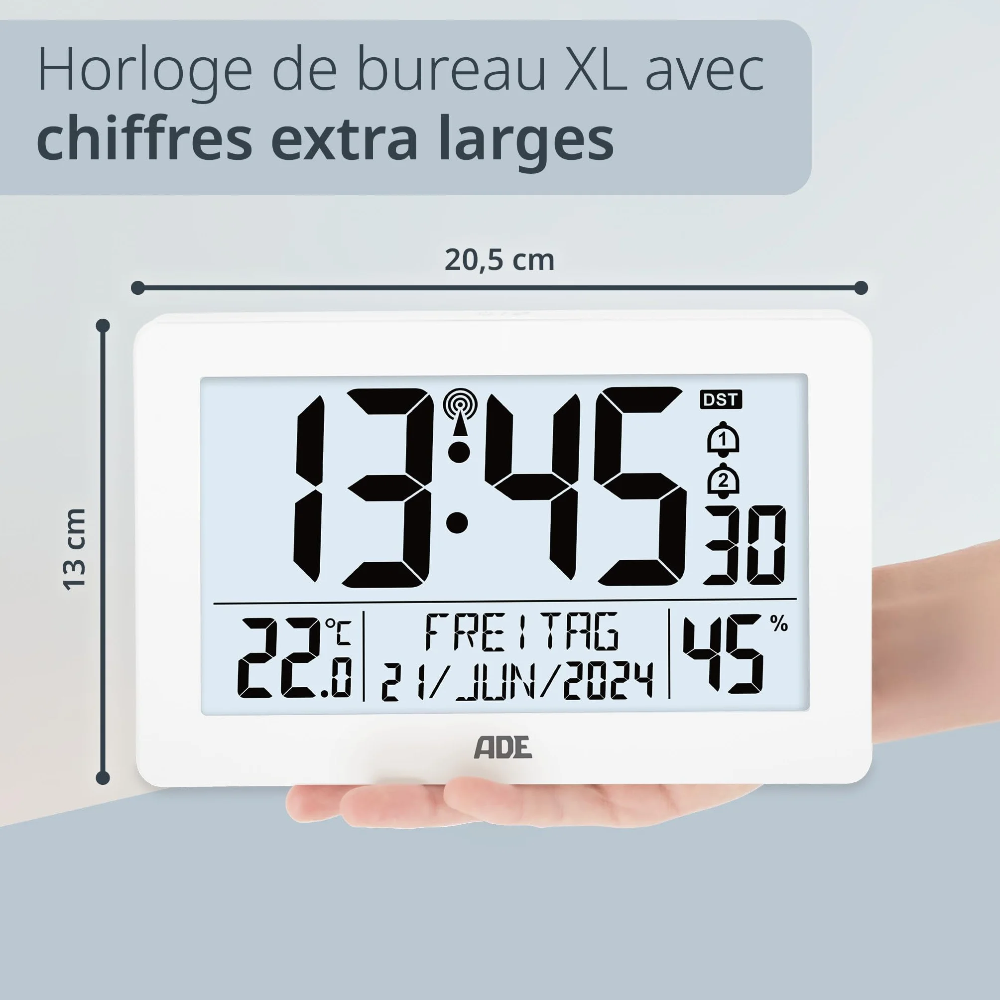 ADE Horloge Radio Pilotée Murale Grands Chiffres Calendrier Thermomètre Hygromètre Réveil Station Météo Piles Blanc