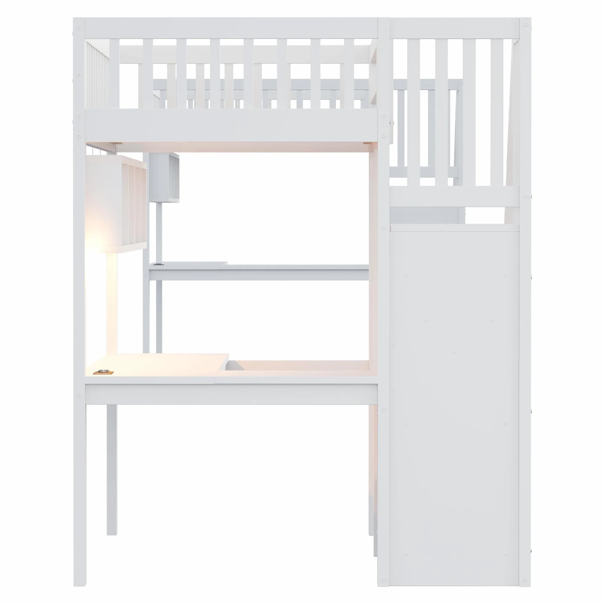 Merax Lit mezzanine 90 x 200 cm, cadre en bois massif, avec bureau, éclairage LED et prise USB, lit pour enfant/adolescent, avec espace de rangement, lit simple, peu encombrant, blanc (sans matelas)