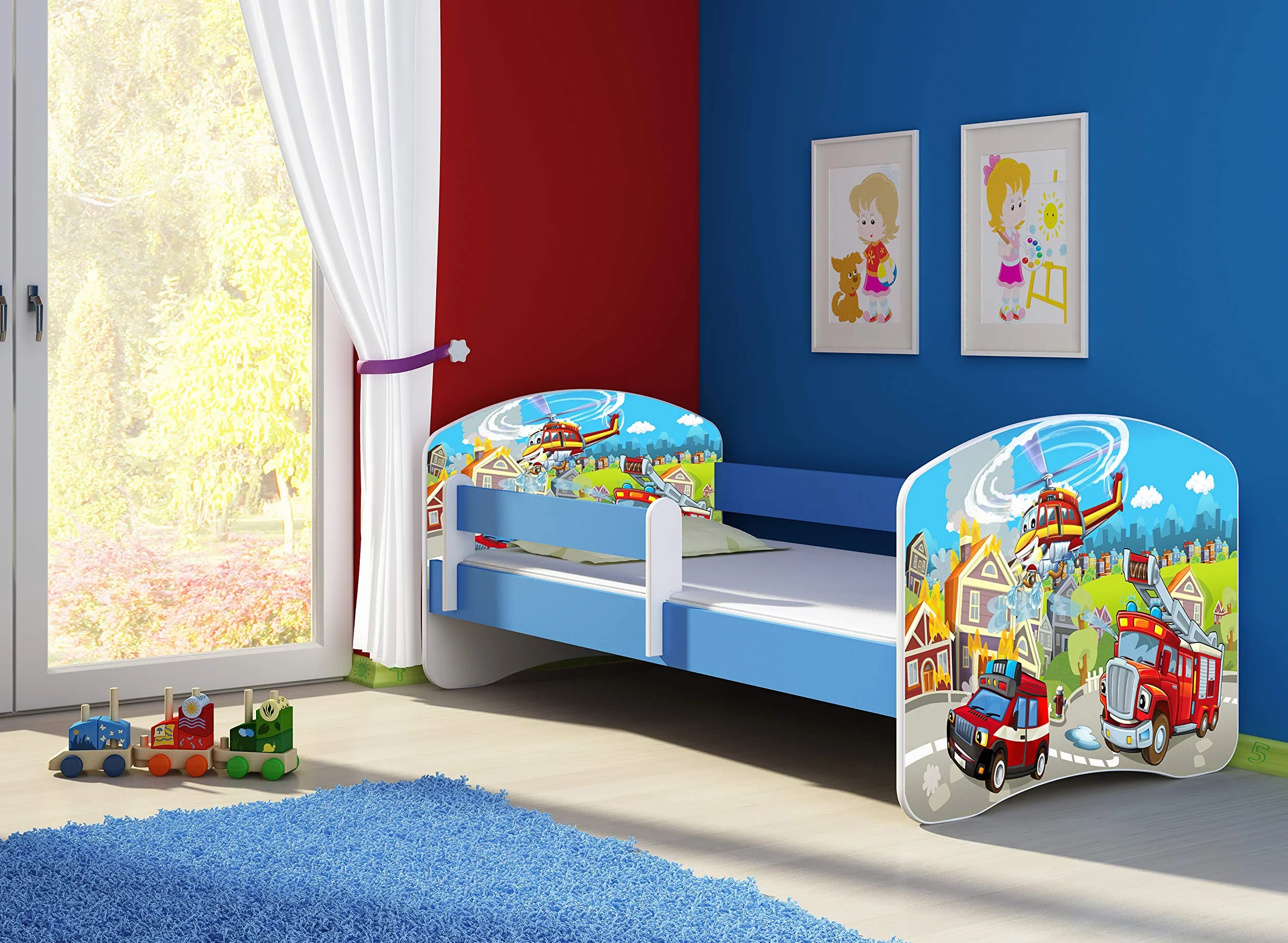 ACMA Lit Enfant Junior TIROIR Matelas sommier Gratuite Bleu Meubles pour Enfants II (36 Sapeurs Pompiers, 140 x 70 cm)