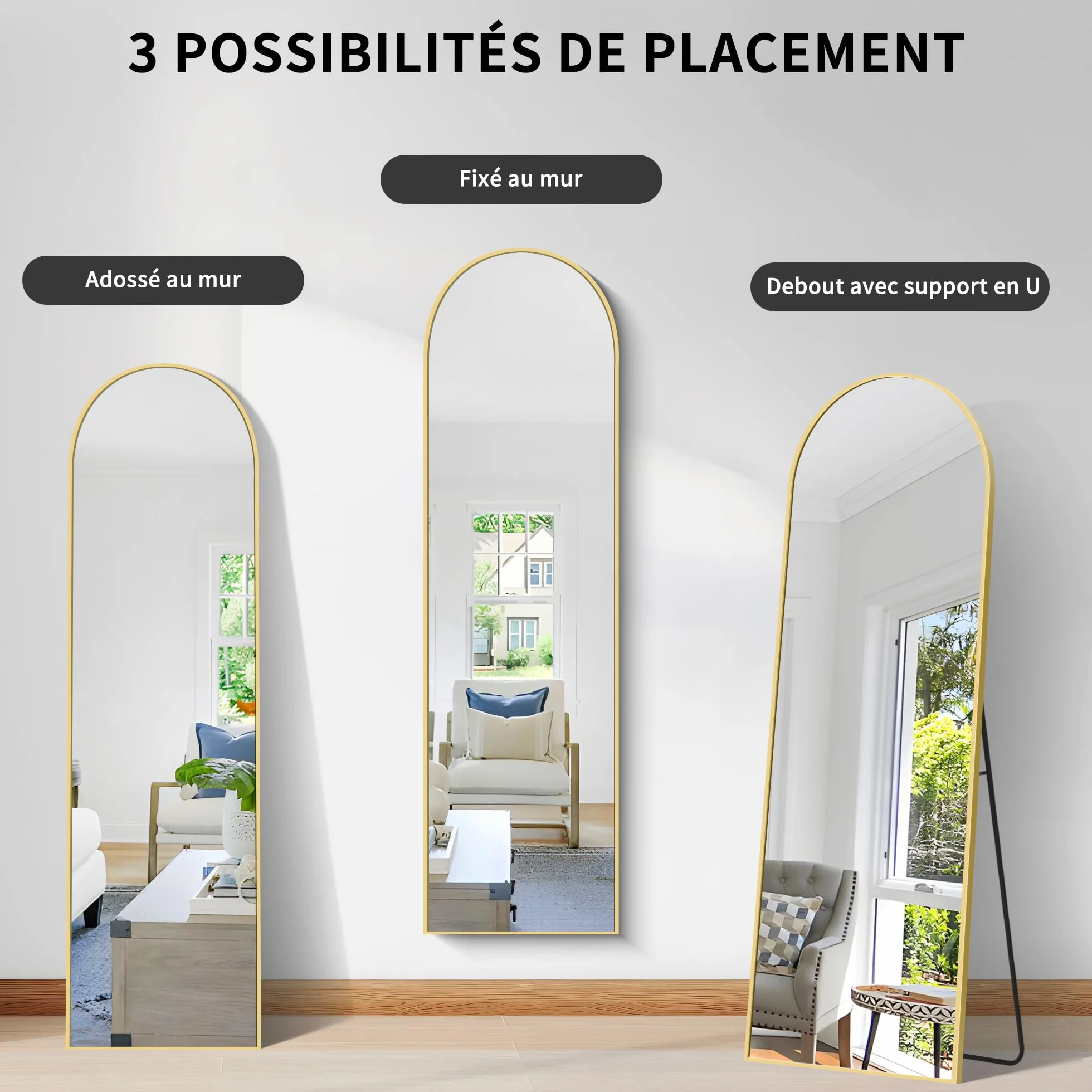 KOCUUY Miroir sur Pied Arqué, 150 x 40 cm Grand Miroir Mural avec Cadre en Aluminium Doré à Suspendre, à Poser, à Appuyer, pour Salon, Chambre, Couloir