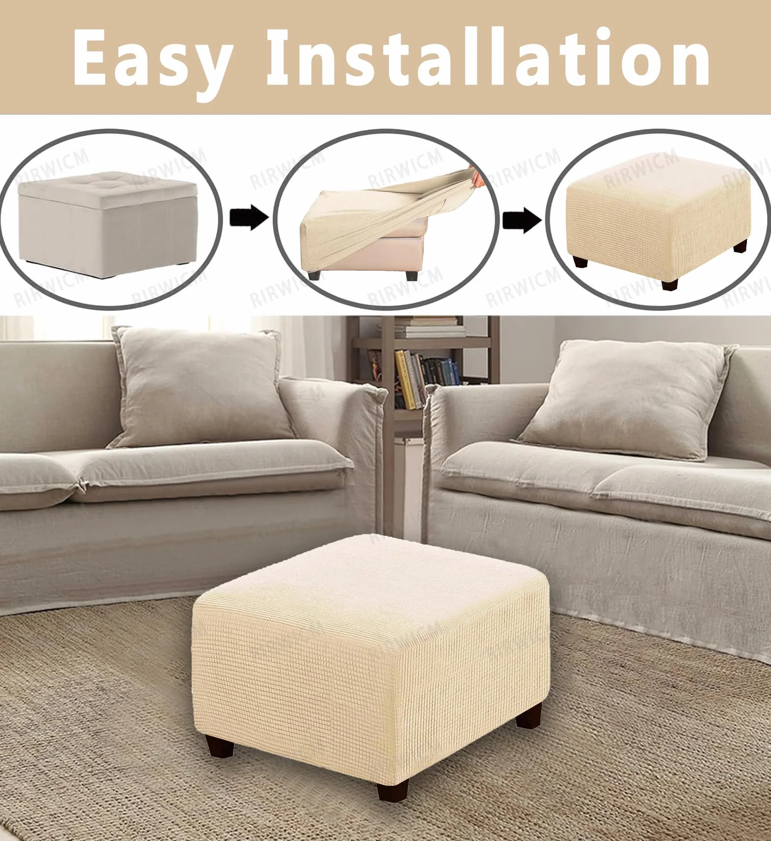 Housse de Pouf Carré en Tissu Jacquard Épais Extensible Amovible et Lavable avec Élastique - Beige Yellow