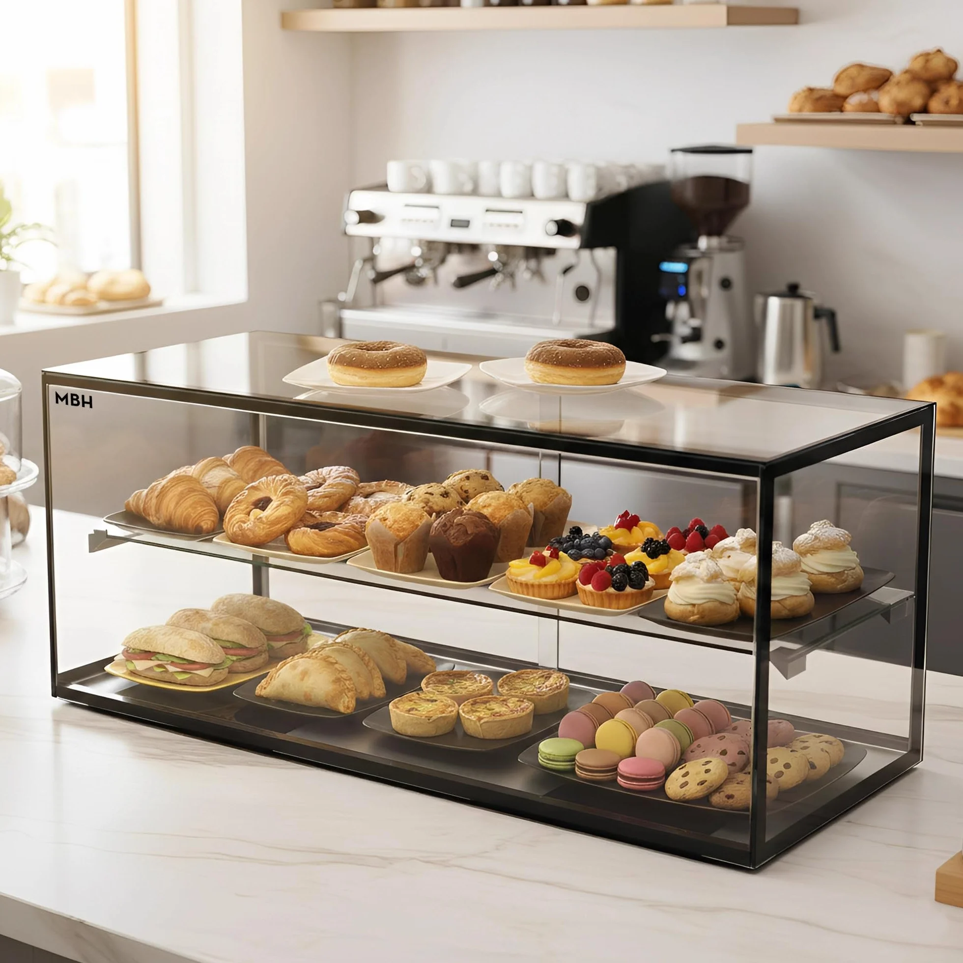 MBH - Vitrine neutre de comptoir 92x39 cm, vitrage droit trempé, 2 niveaux, sans éclairage LED, portes arrière coulissantes, pour bar, café, restaurant, viennoiseries et pâtisserie.