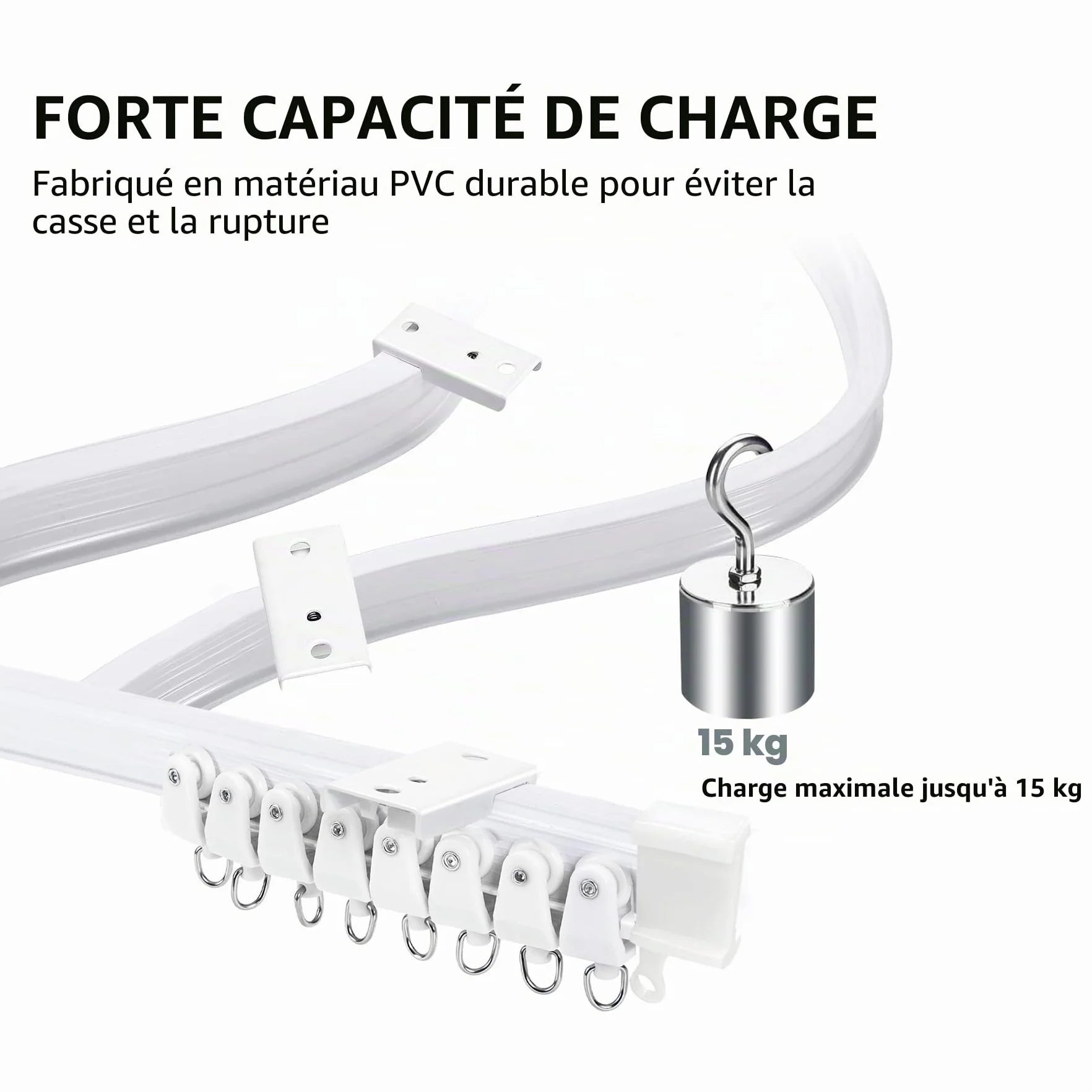 Rail Rideaux Plafond Flexible Courbé PVC Acier Inoxydable 3 M Blanc