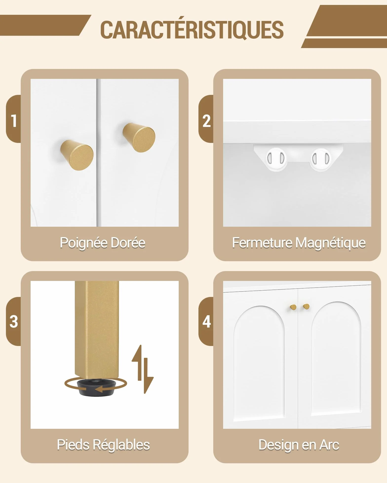 Hzuaneri Meuble Salle de Bain, Meuble de Rangement, Armoire Salle de Bain, Placard Rangement avec 2 Portes, Compartiment Ouvert, Salle de Bains, Le Salon 35 x 100 x 75 cm, Blanc-Or SC10203G