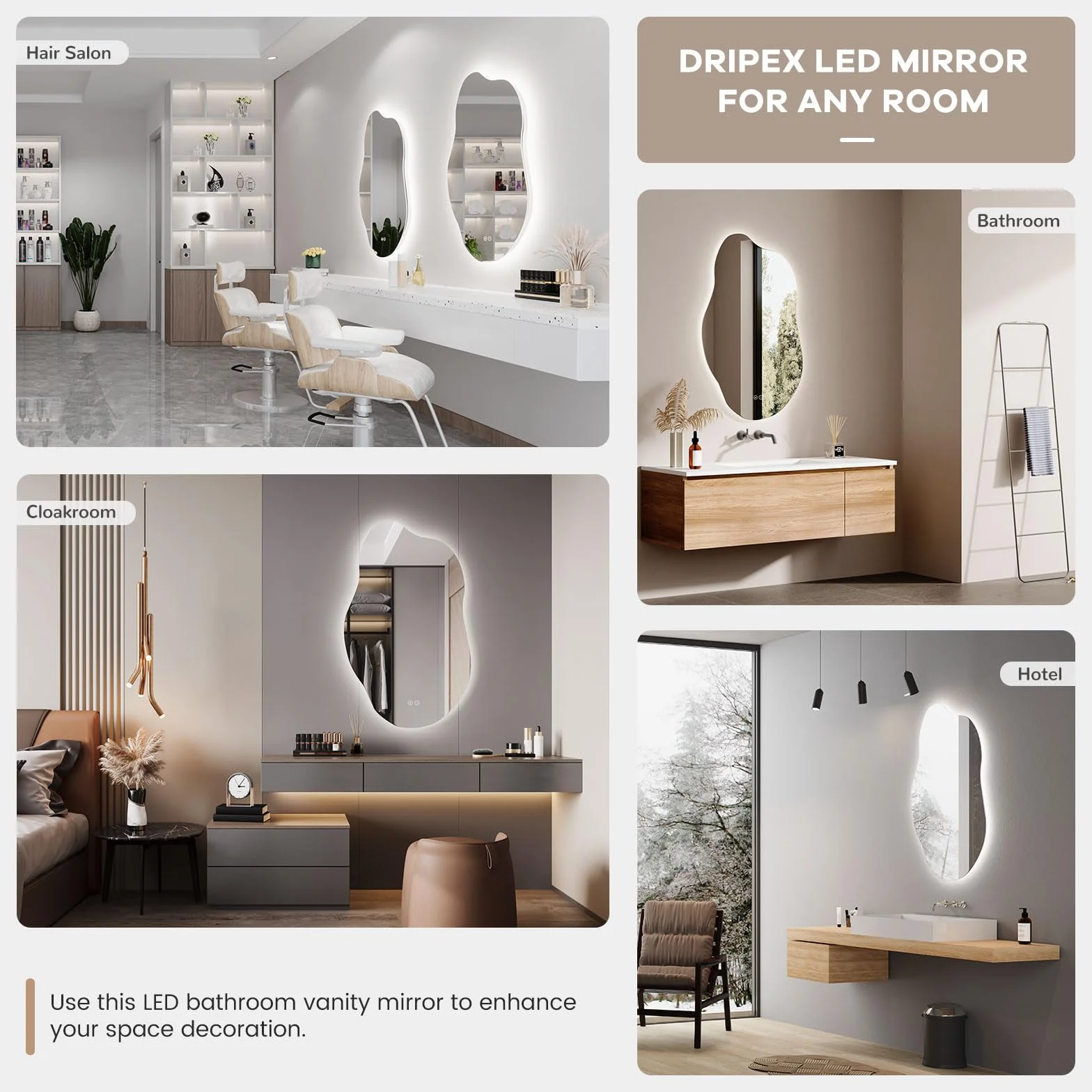 Dripex Miroir Salle de Bain 52 x 85cm, Miroir Asymétrique Salle de Bain avec éclairage LED, Interrupteur Tactile, Lumière Réglable 3 Couleurs, Anti-buée, Mémoire