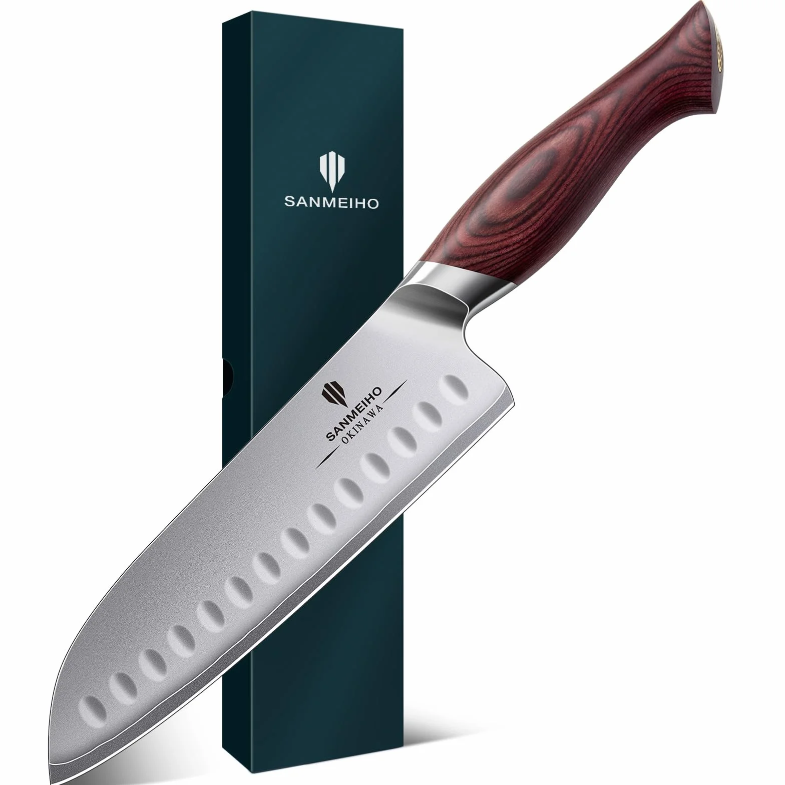 SANMEIHO Couteau de Cuisine Santoku 18 cm, Lame 12°, Acier Japonais 10Cr15MoV (62HRC), Manche Bois de Pakka