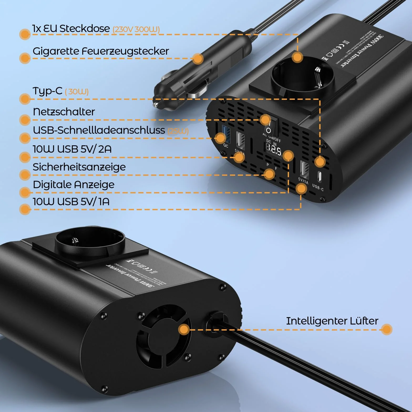 300w konwerter 12v 220v, przenośnik 12v 220v z 1 gniazdem, typ C 30W, szybkie ładowanie USB 25W, 3 porty USB, wyświetlacz LED