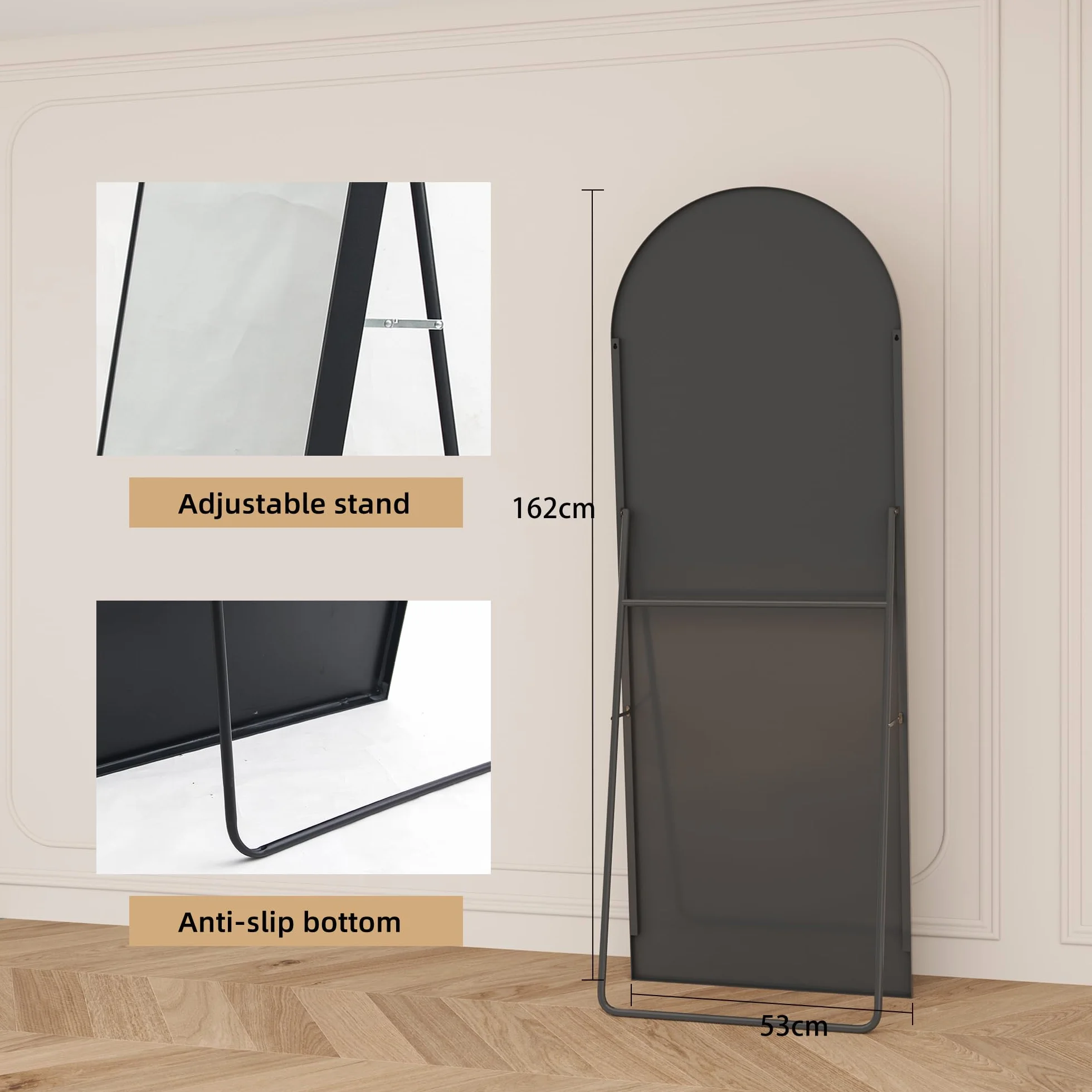 Miroir Complet bombé 165x60 cm sur Pied incurvé Mural Cadre Aluminium Noir