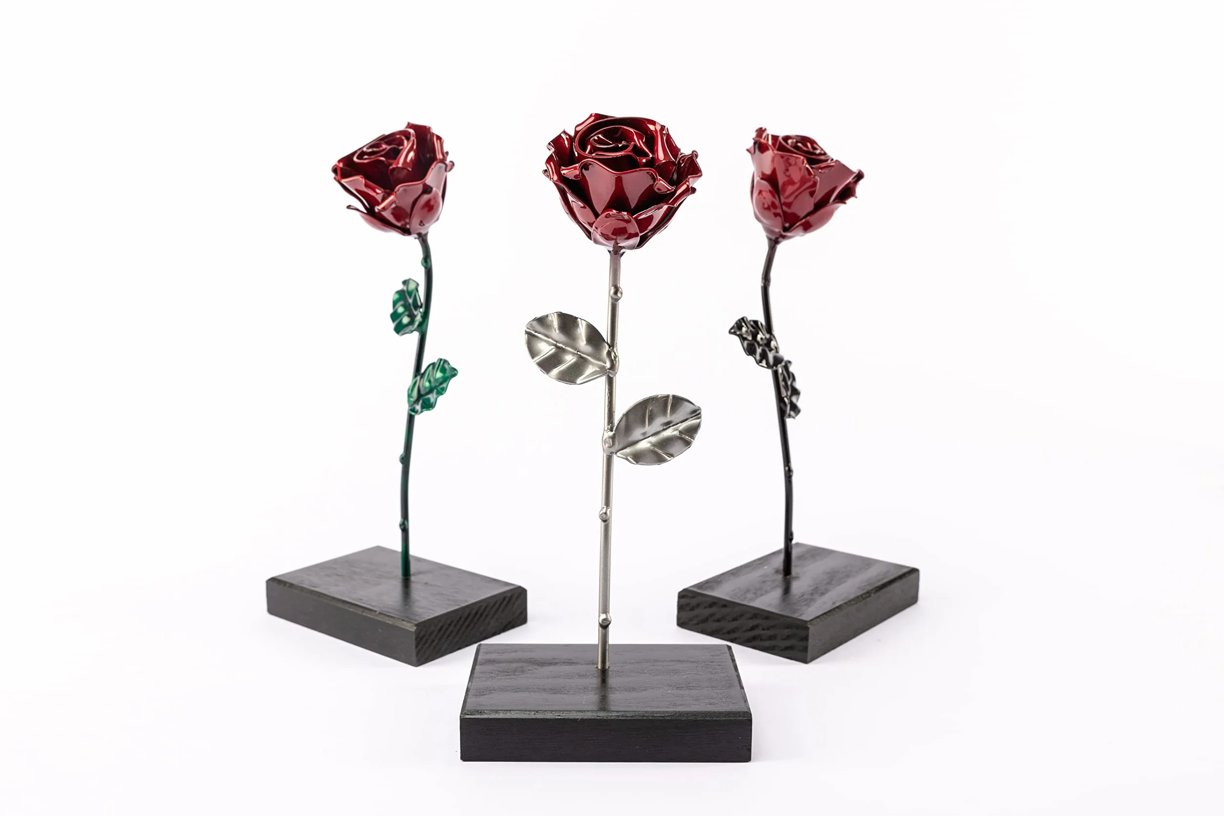 Forging Art Bcn® Rose Éternelle en Fer Forgé à la Main avec Piédestal - Cadeau de Saint-Valentin, Fête des mères, Anniversaire de Mariage, Noces de Fer (Rouge/Vert avec Socle)