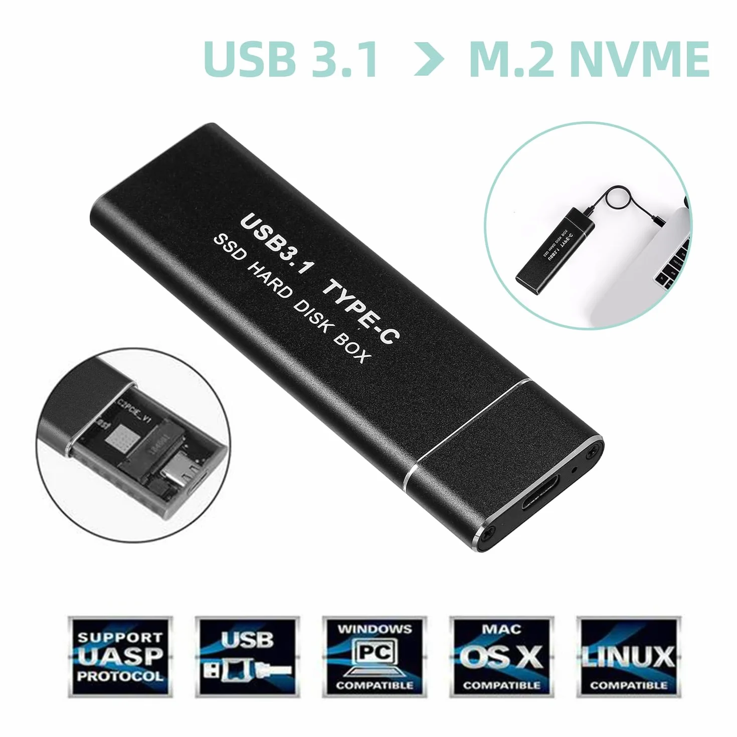 Obudowa NVMe SSD (nie NFGG), aluminiowa zewnętrzna przejściówka USB C 3.1 Gen2 10 Gpbs na PCIe M.2 do dysków twardych 2230/2242/2260/2280 M-Key, z UASP-M2PV