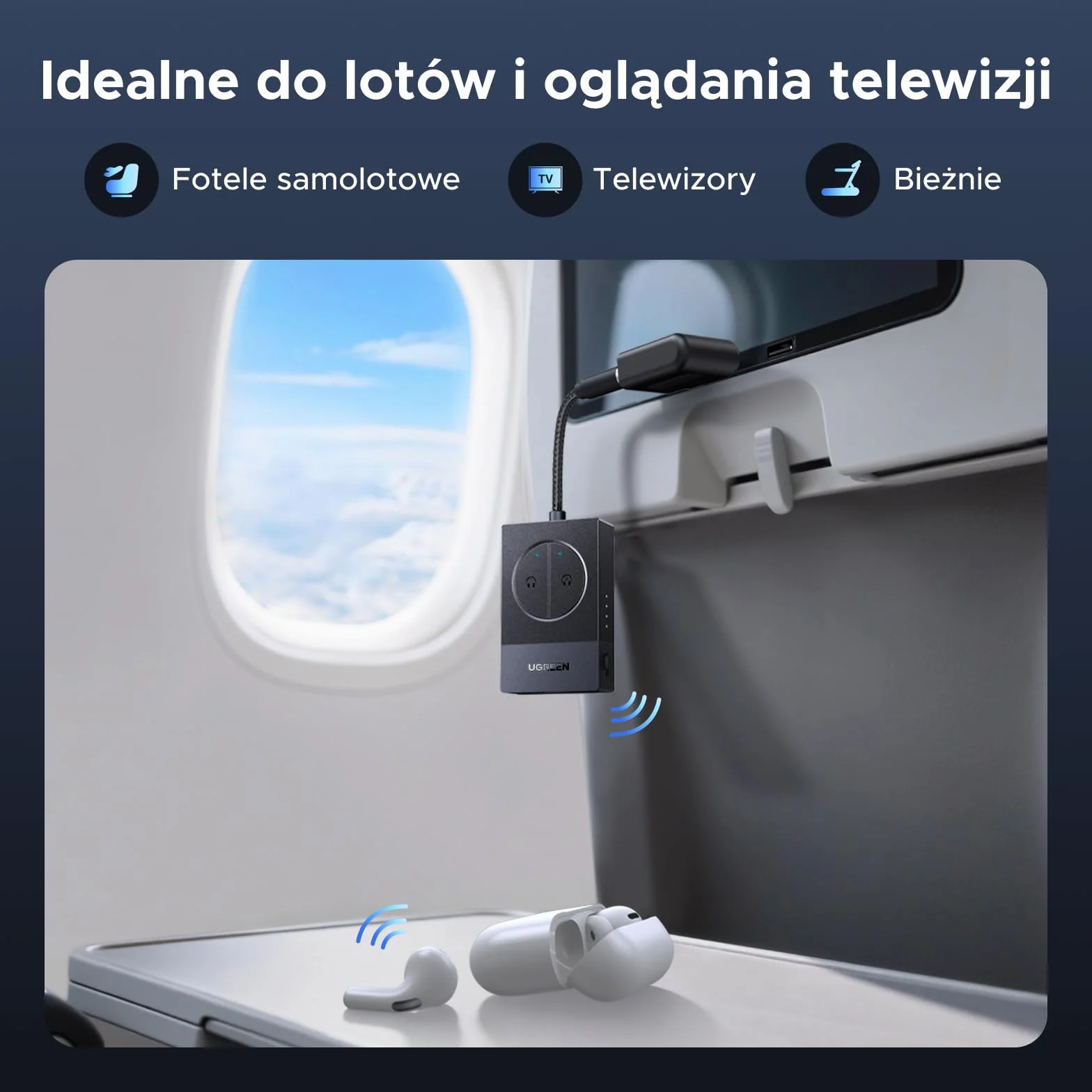 UGREEN Adapter Bluetooth do samolotu, nadajnik Bluetooth 5.4 do 2 AirPodsów lub słuchawek, czas pracy baterii 19 godzin, gniazdo Bluetooth AUX 3,5 mm, kompatybilny z samolotem, telewizorem i siłownią