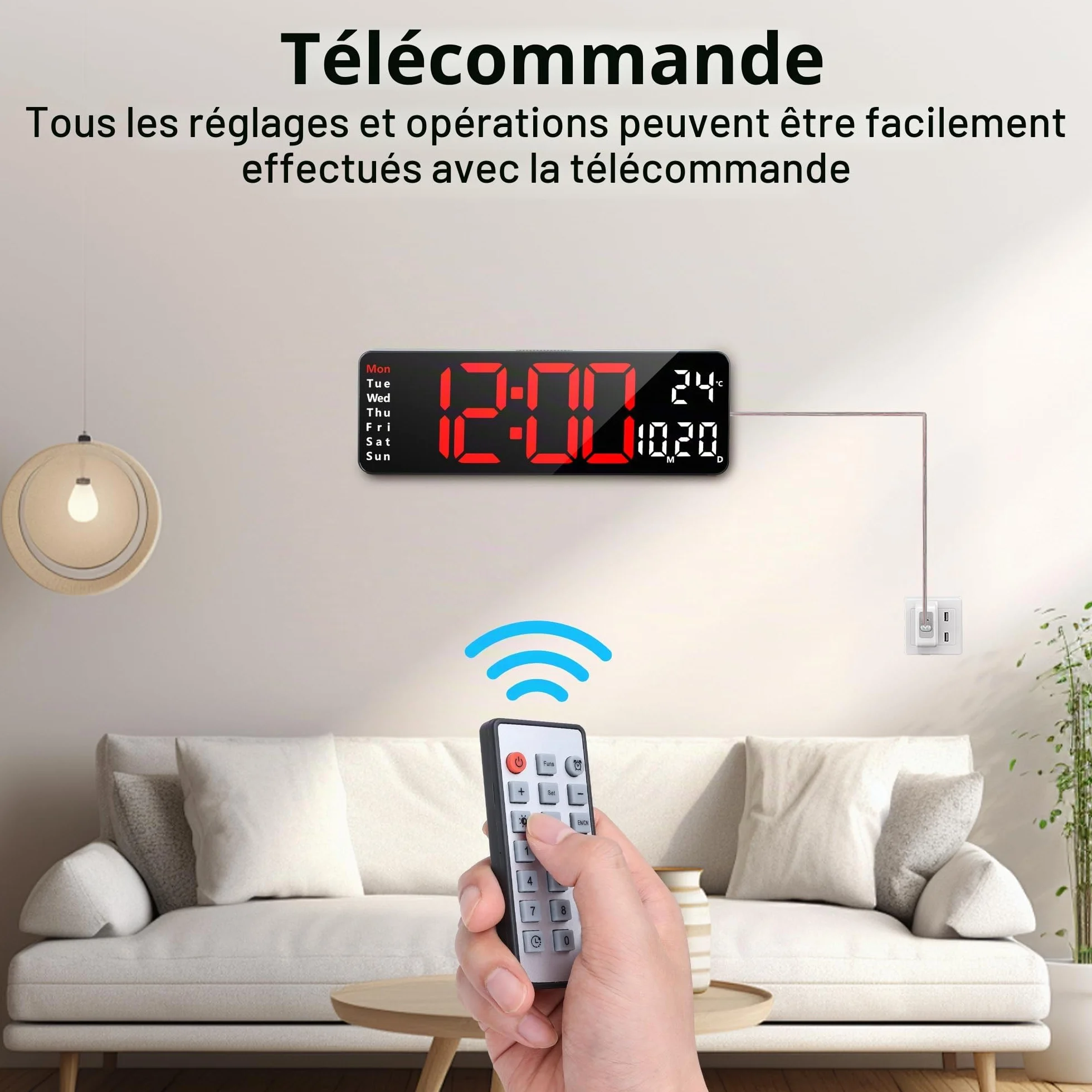 Lafocuse Horloge Numérique Murale LED 32cm avec Télécommande Température Date Jour Alarmes 12/24H Luminosité Réglable Rouge