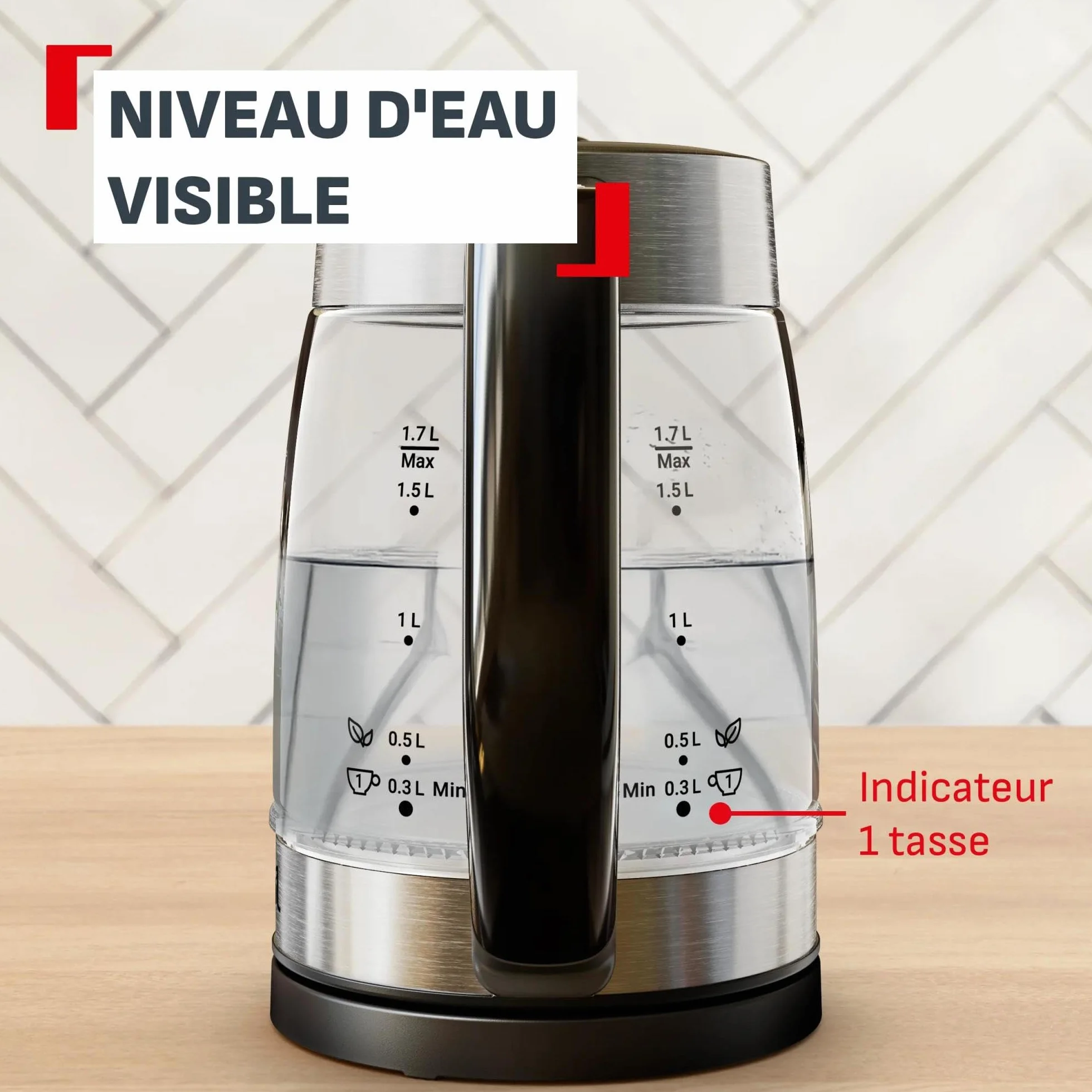 Tefal Express, Bouilloire en verre électrique, Réglages sur la poignée, 1,7 L, 5 niveaux de température, Suivi en temps réel, KO760DE0