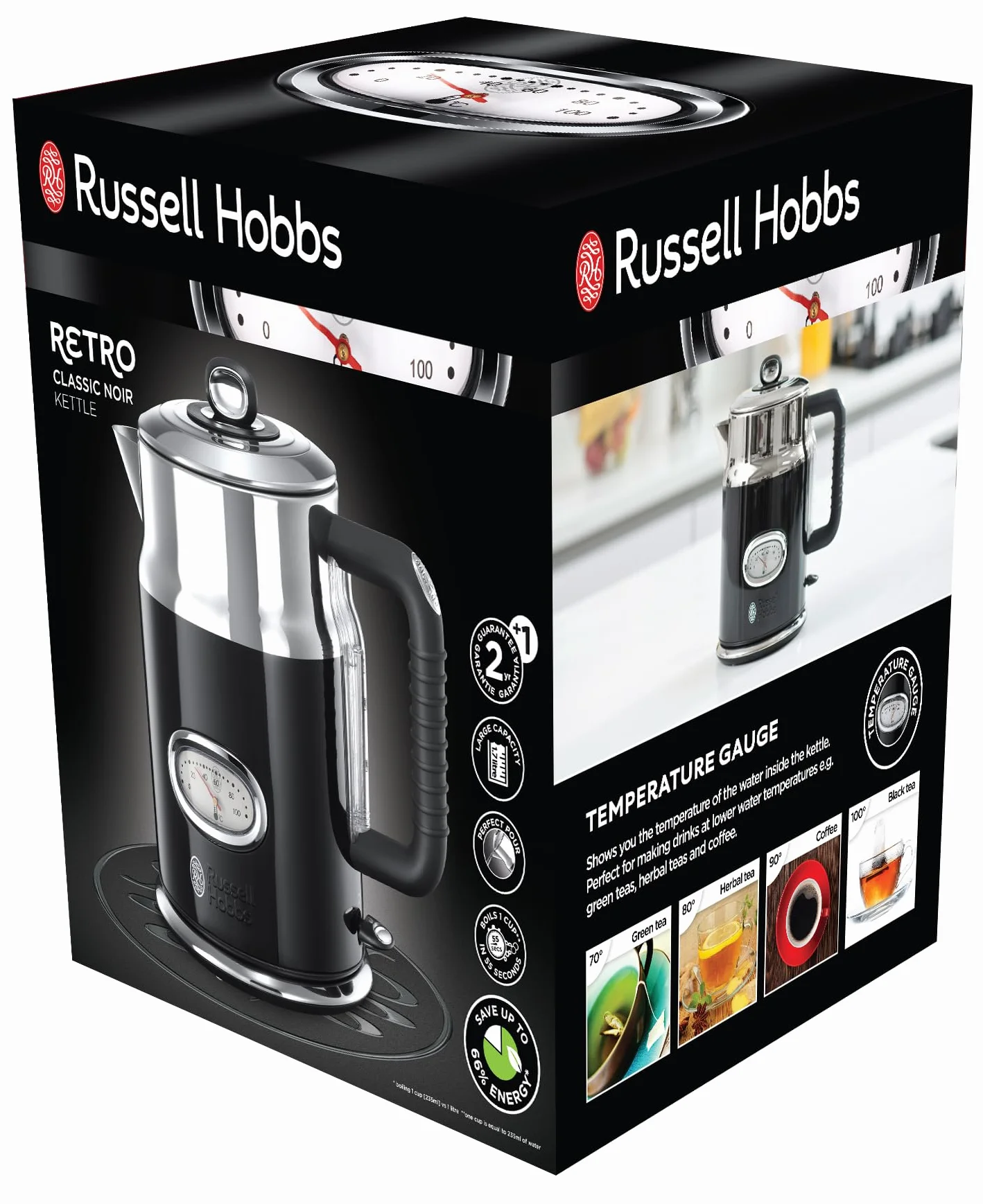 Russell Hobbs Bouilloire Electrique (Design Vintage Premium) Retro Noire (1,7L, 2400W, Ebullition Rapide, Jauge Température Rétro,Marqueurs 1-2-3 tasses,Ecoulement,Couvercle Amovible) 21671-70