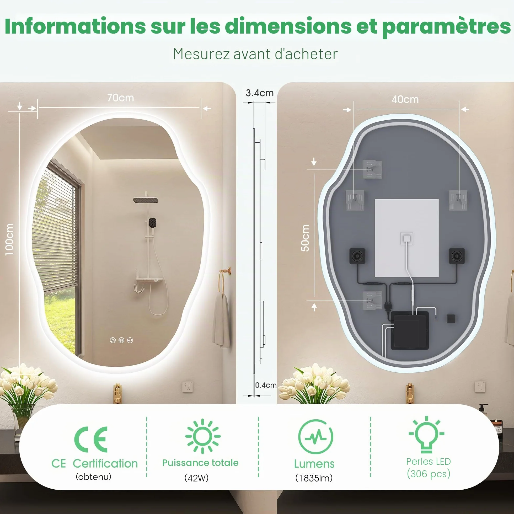 S'bagno Irrégulier Miroir Salle de Bain avec Eclairage 70x100cm, Bluetooth Miroir LED Salle de Bain, Anti-buée, 3000K-6500K, Dimmable, Mémoire, IP44 Miroir Lumineux Salle de Bain, Horizontal/Vertical