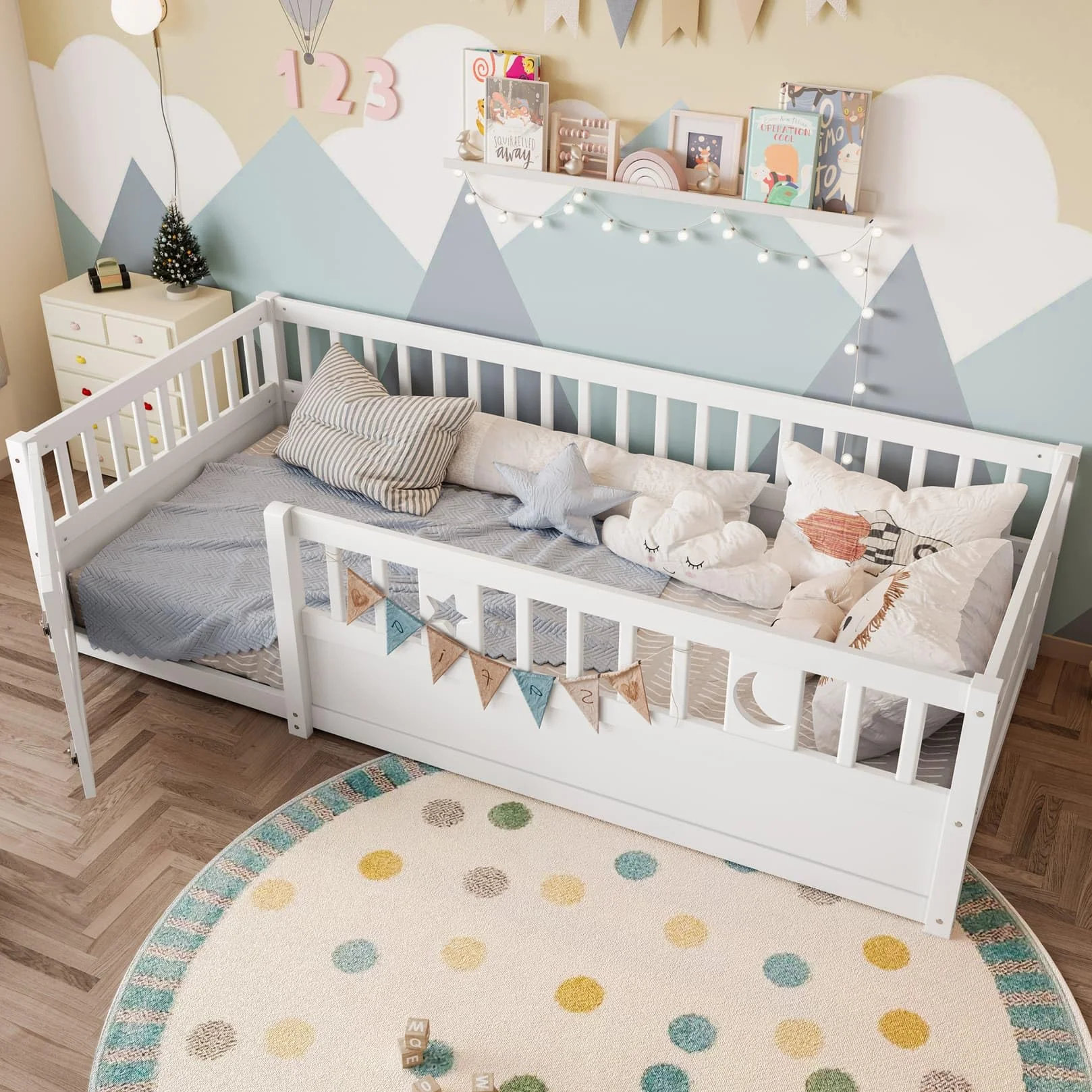 PUGSDRLY Lit Cabane Enfant 90x190cm avec Barriere et Serrure,Lit Montessori au Sol sans Sommier à Lattes,Cadre en Bois de Pin pour Enfant,Blanc,sans Matelas (90-A)