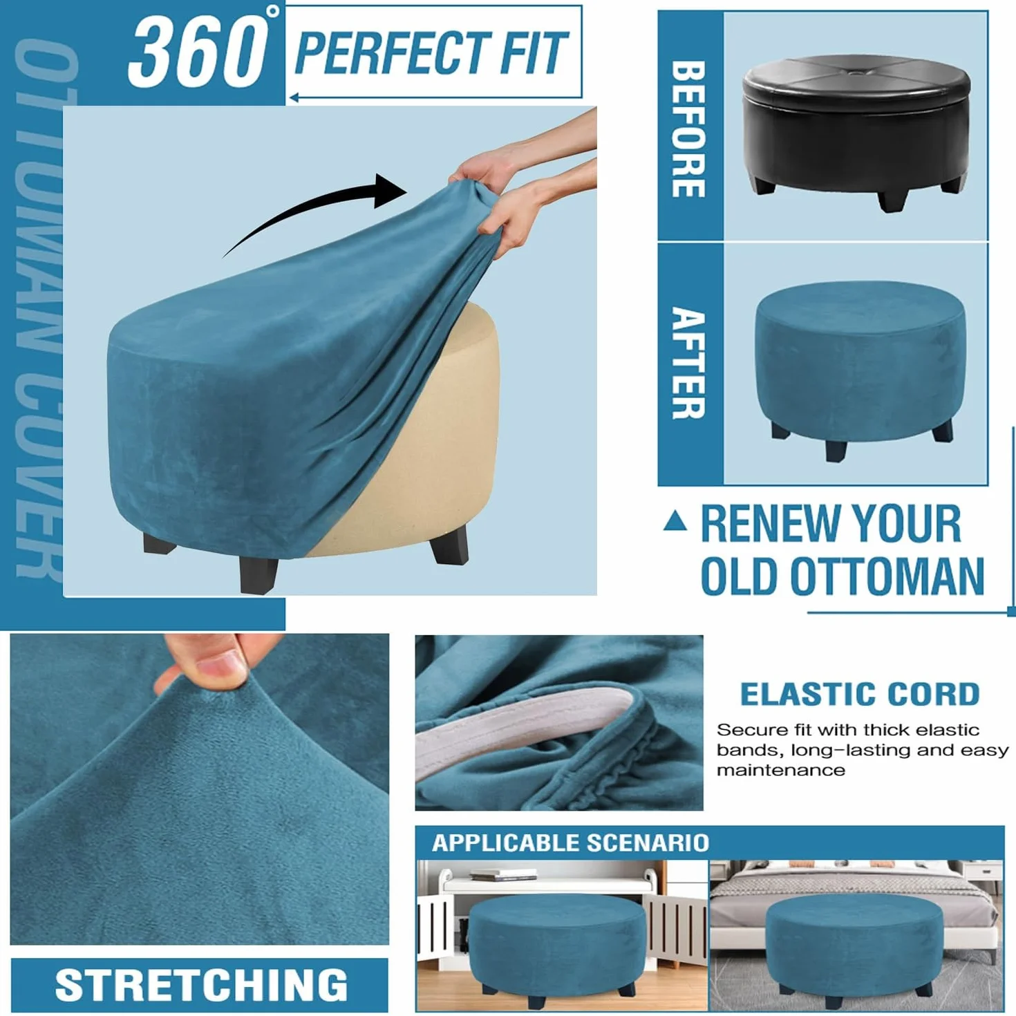 Housse de Pouf Rond 40cm 60cm 35cm Extensible Velours Protecteur Ottomane Cover Repose Pieds Tabouret Ivoire