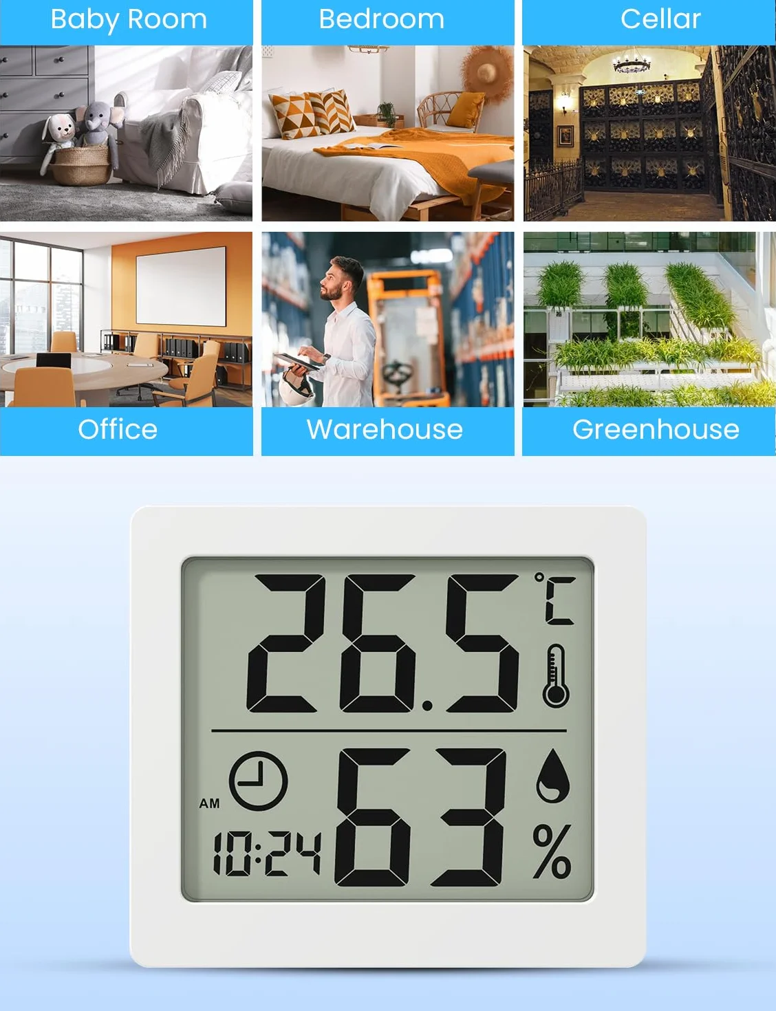 Thermo-Hygromètre numérique d'intérieur avec grand écran LCD 3,2" et horloge (Blanc)