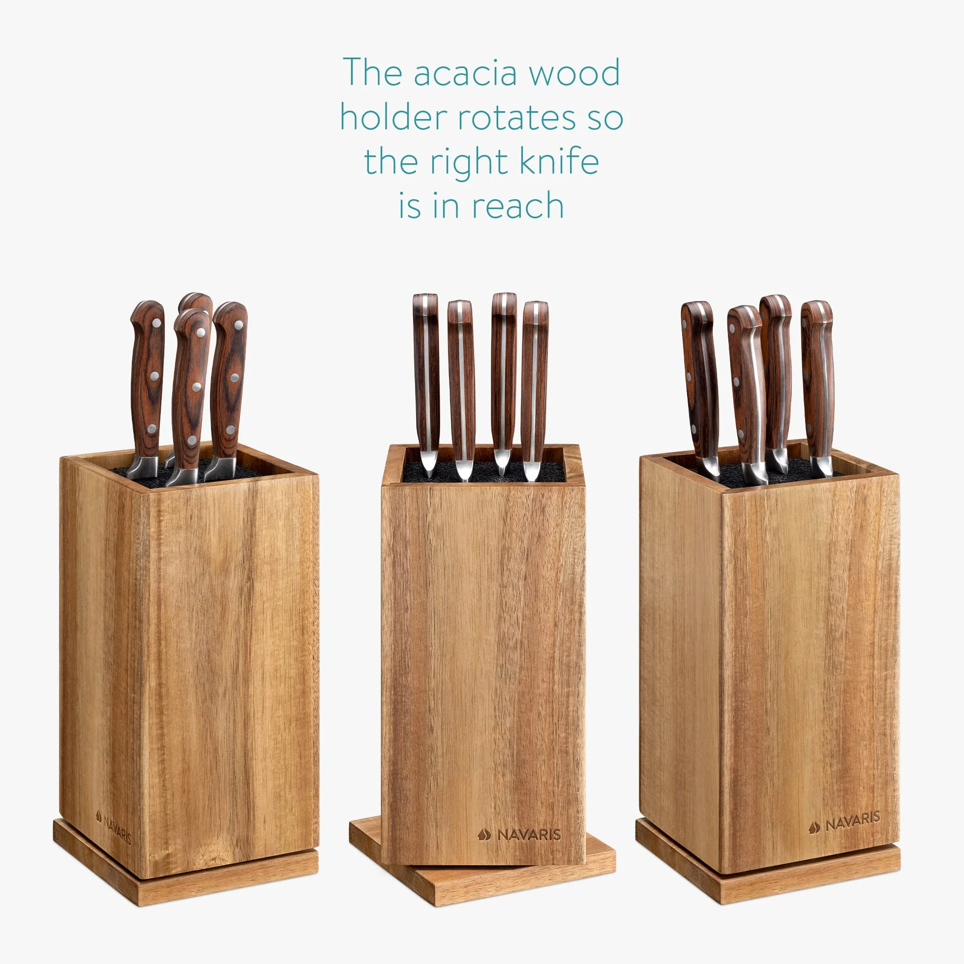 Navaris Porte-Couteaux en Bois - Bloc de Rangement à Couteau Rotatif et magnétique en Acacia 25 x 12,5 x 12,5 cm - Bloc Couteau Vide avec tiges