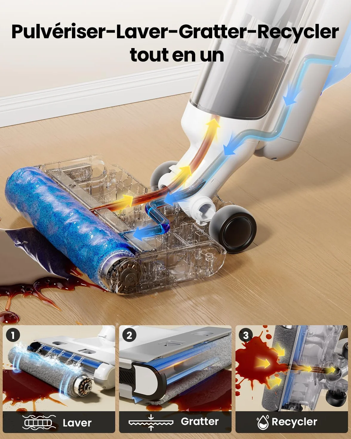 Proscenic F10 Ultra+ Aspirateur Laveur sans Fil,60 Mins Aspirateur Balai sans Fil Sec et Humide,Léger Aspirateur Eau et Poussière,Laveur de Sol,Autonettoyant,1.3L,Nettoyage des Angles,Bords,Sols Durs