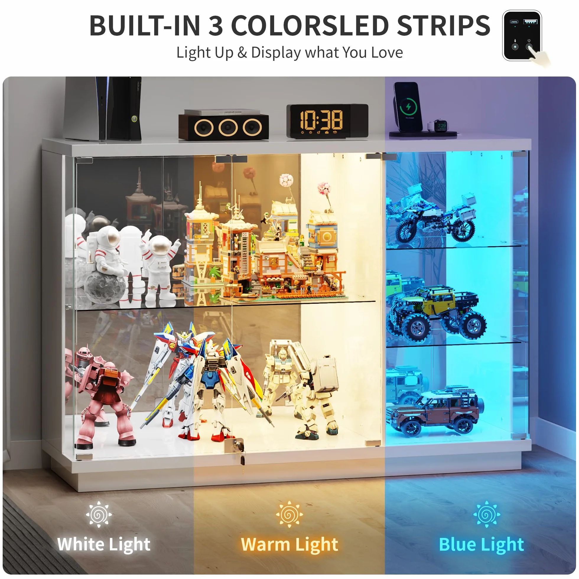 Vitrine pour Collection avec éclairage LED - Portes Vitrées Verrouillables,Vitrine en Verre avec Capteurs,Vitrines de Collection à 3 Niveaux Vitrines pour Salon,Chambre,Blanc