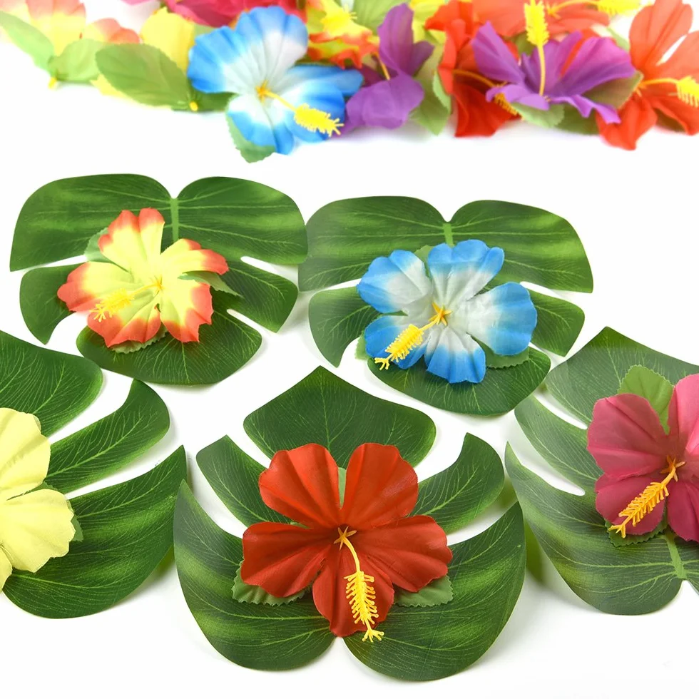 KUUQA 60 Pcs Tropical Party Decoration Fournitures 8" Palmtera Feuilles Hibiscus Simulation Hawaiian Luau Jungle Beach Theme