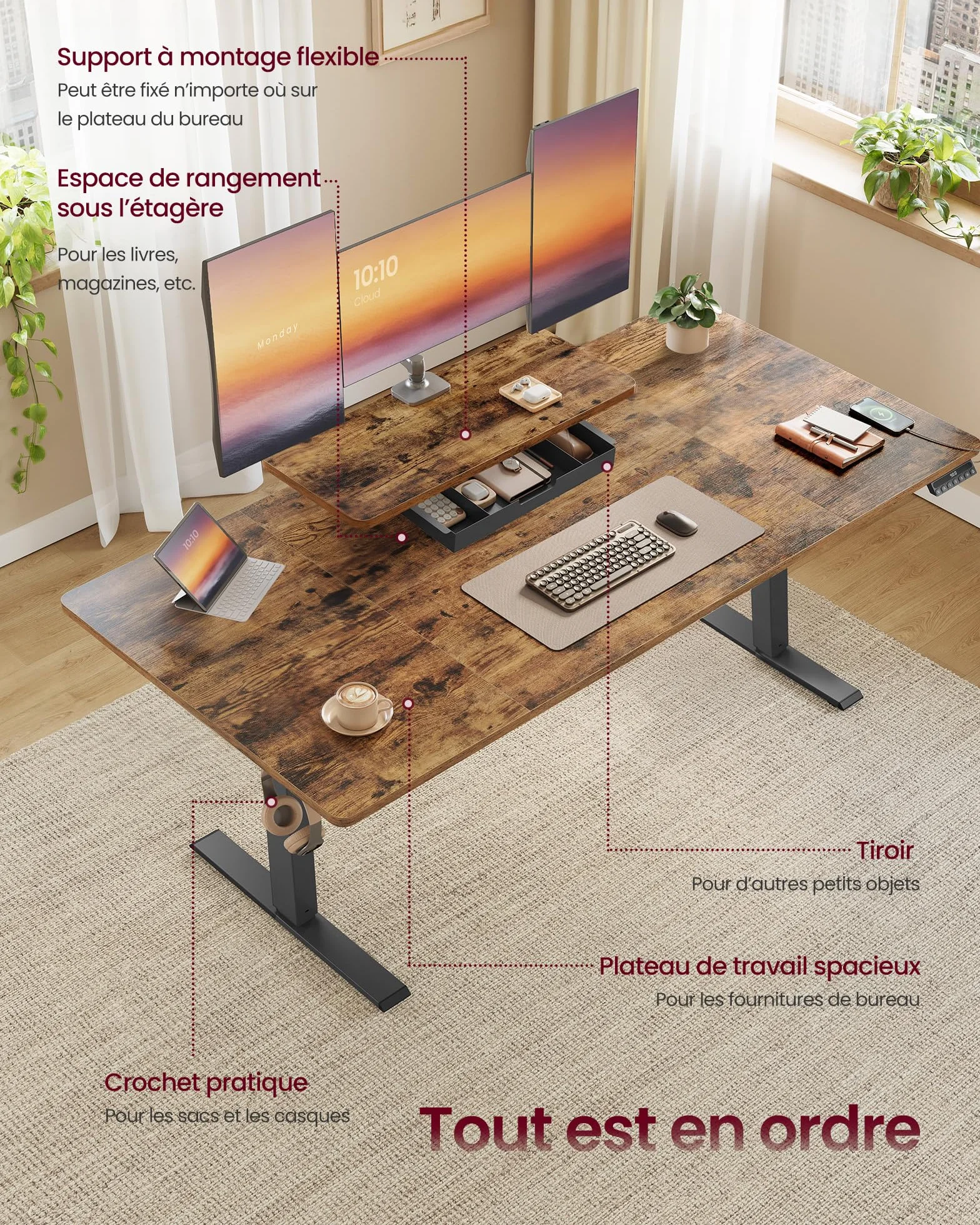 VASAGLE Bureau Électrique Réglable en Hauteur 140 x 70 cm Support d'Écran à Montage Flexible Tiroir Port USB-C Marron Rustique