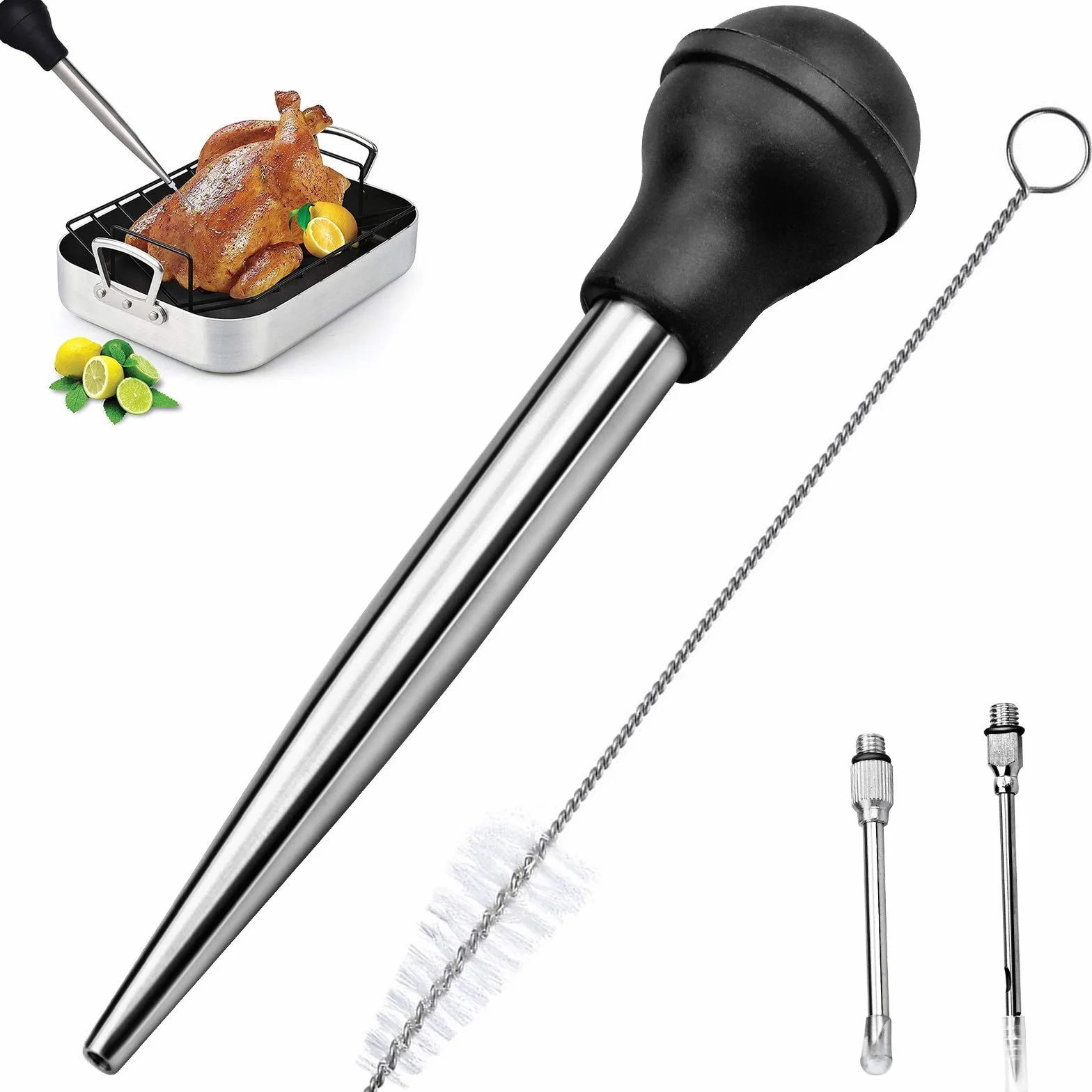 Winfred Poire à Sauce Acier Inoxydable 304 Caoutchouc Pipette Cuisine Aiguille d'Injection Brosse Nettoyage BBQ
