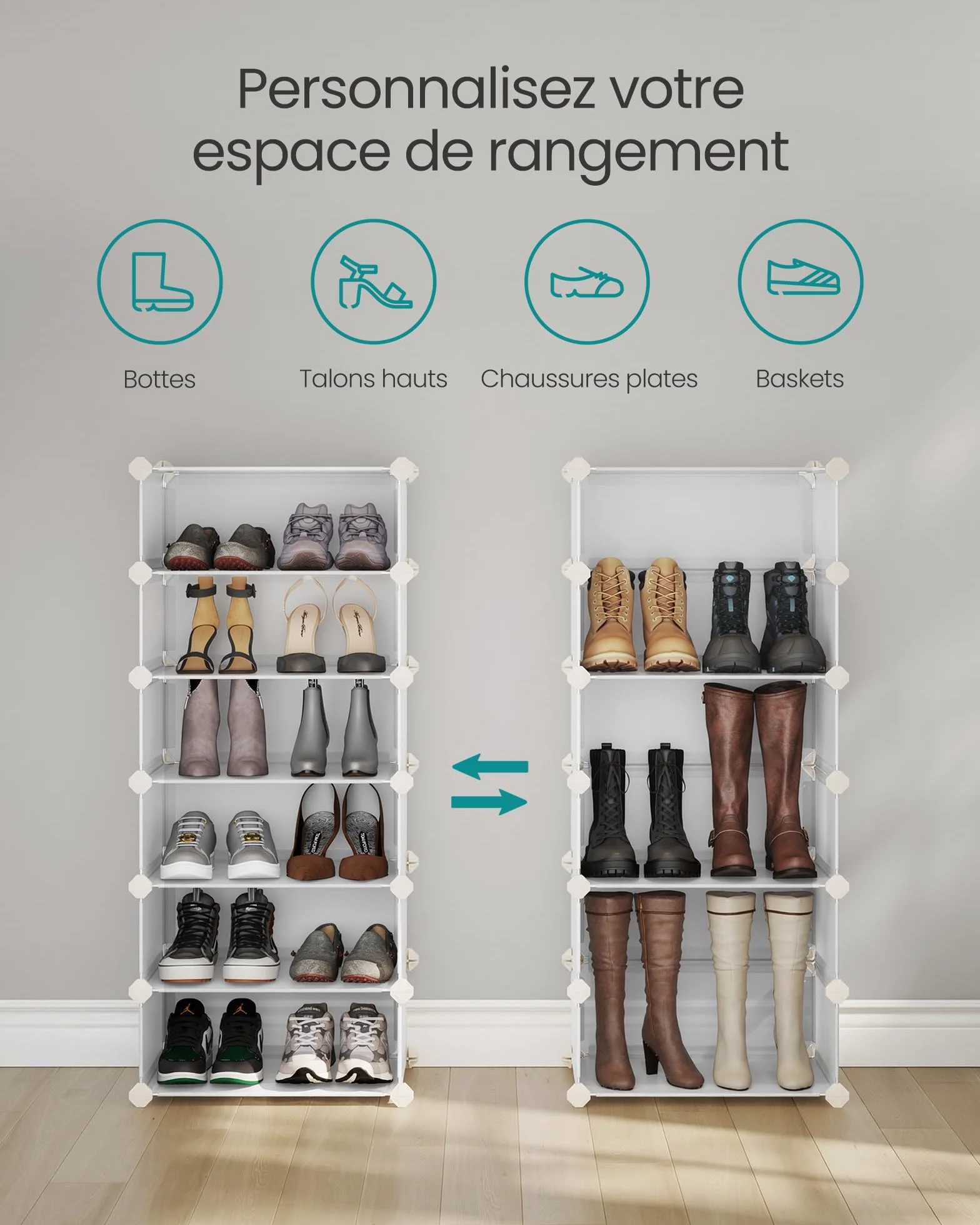 SONGMICS Étagère à Chaussures enfichable Système d'étagères Organisateur de Chaussures DIY Étagère avec Porte en Plastique PP 10 Niveaux Blanc LPC010WH01