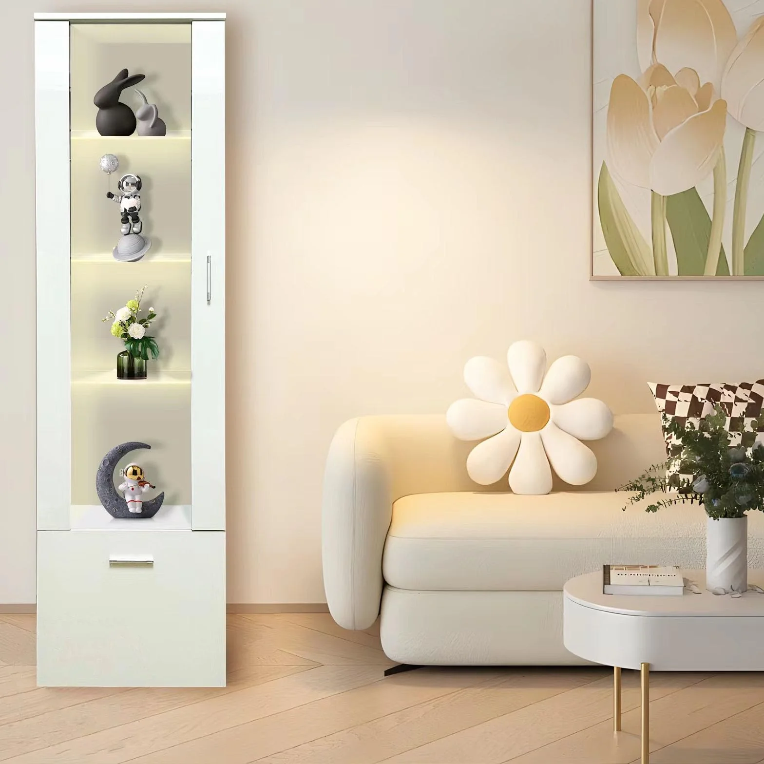 Lot de 2 Vitrines LED avec Porte et Etagères en Verre, Lumières Armoire à Meuble de Rangement pour Salon Bureau, 42 x 30 x 160 cm (Blanc)