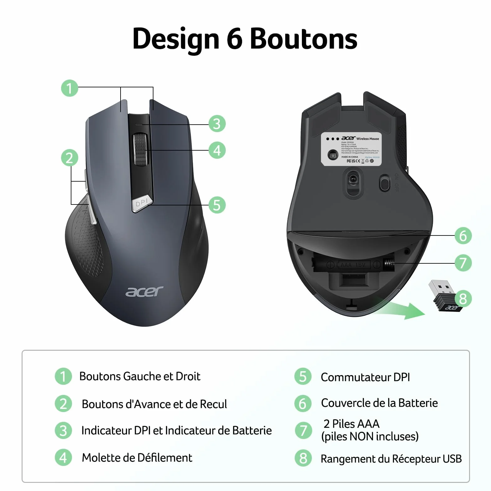 Acer Souris Ergonomique sans Fil 2,4GHz, Souris Optique USB 1600 DPI réglable, 6 Boutons, Compatible PC/Mac/Laptop/Chromebook