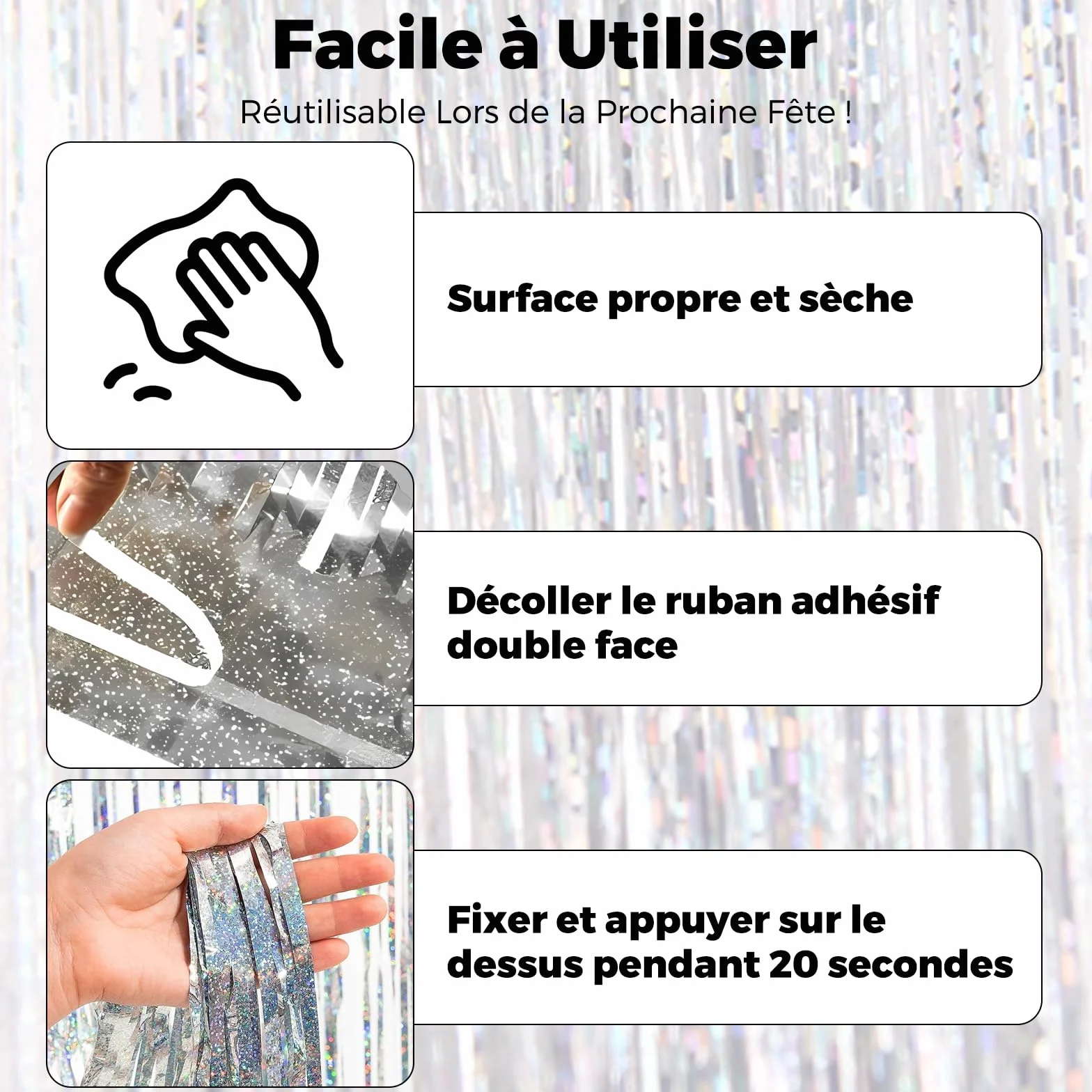 KOOSREEL Rideaux Métallique Tinsel Argent 1×2m Décoration Paillettes Nouvel An Fête Mariage Anniversaire Aluminium