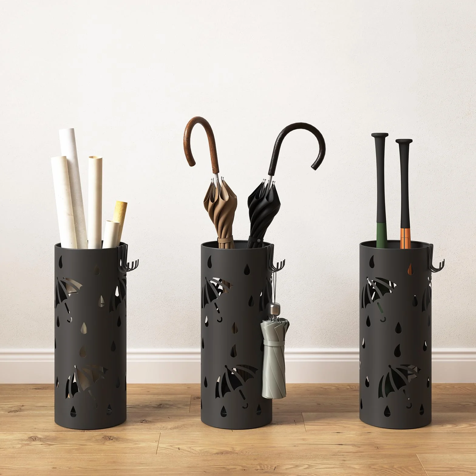 WOLTU Porte-Parapluie en Fer avec Bac d'Eau et Crochets 20x49 cm Anthracite SST01an