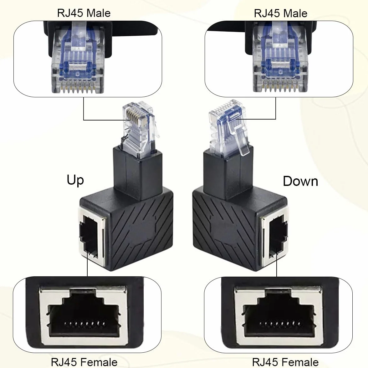 4 szt. RJ45 adapter kątowy RJ45, 90 stopni RJ45 męskie do żeńskiego, złącze sieciowe Cat6 LAN do drukarek, laptopów, routerów (Up Angle+Down Angle)