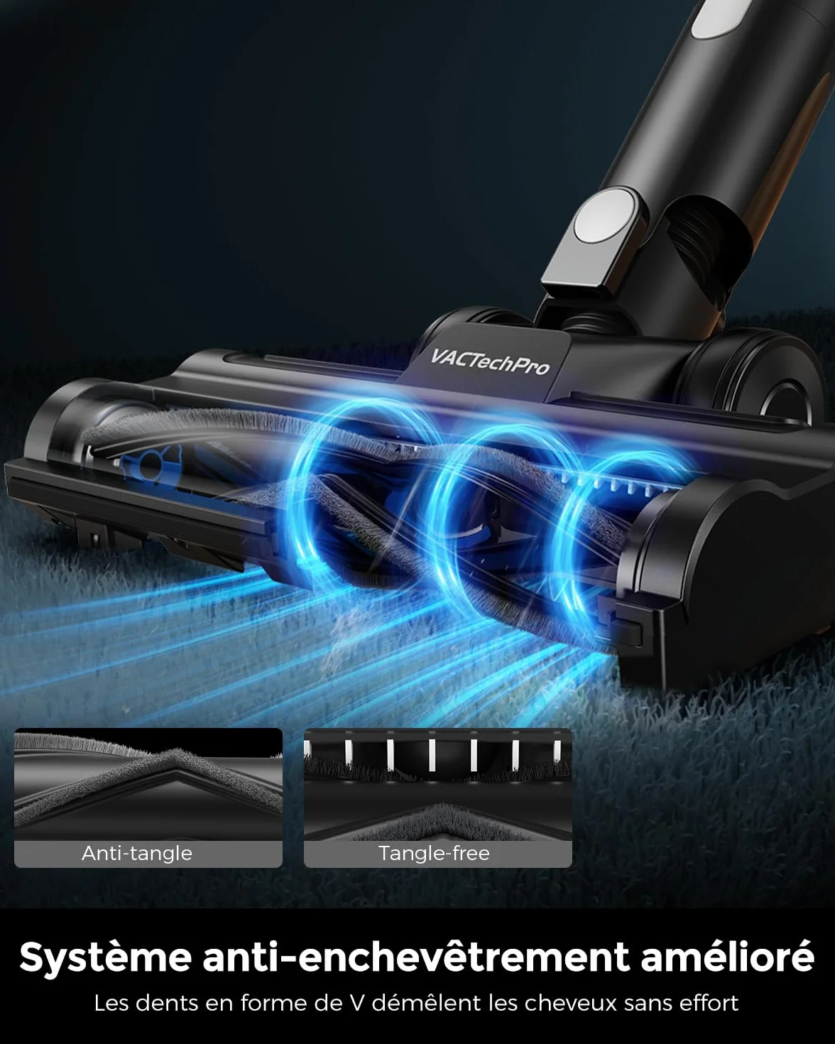 VACTechPro F02 Lite Aspirateur Balai sans Fil, 550 W/50 Min/50 KPa, avec Filtration 8 Couches, pour Sols, Tapis et Cheveux, Noir et Blanc
