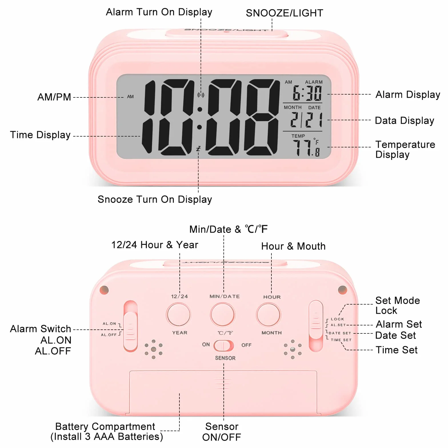 Réveil Numérique LED Silencieux avec Snooze Date Température, Rose