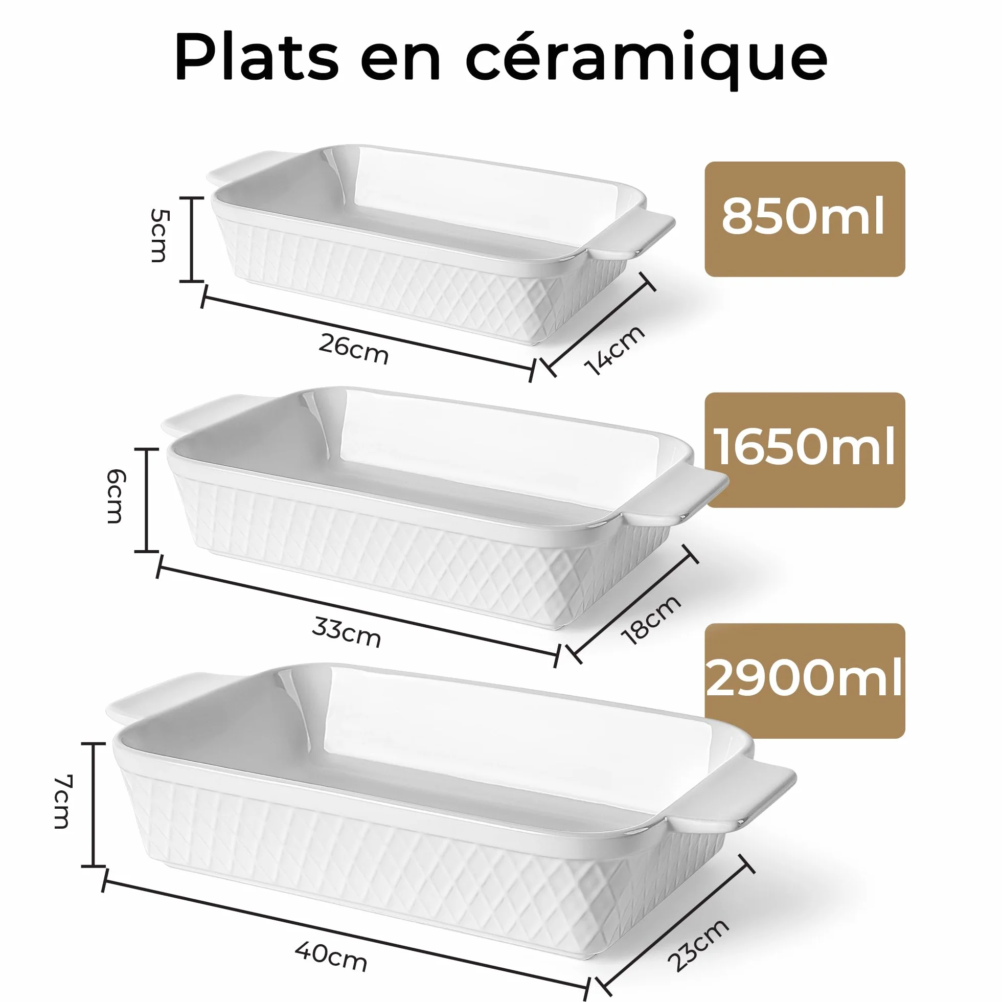 MIAMIO – Ensemble de 3 plats à gratin/Plat à cuisson rectangulaire en céramique, ensemble empilable de 3 pièces, 850 ml, 1650 ml, 2900 ml – Lave-vaisselle et four compatibles – Collection Palmanova
